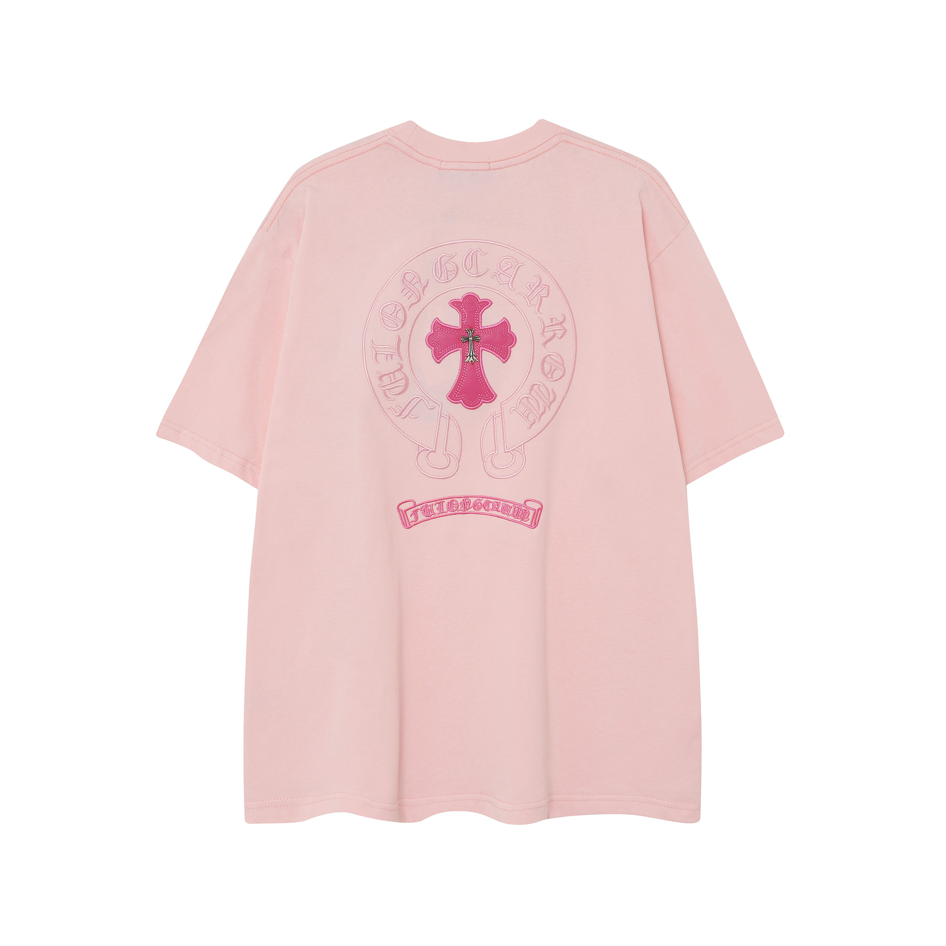 【Chrome Heart】Chrome Heart クロス刺繍 ローズピンク ホースシュー ルーズ 半袖 Tシャツ 男女兼用