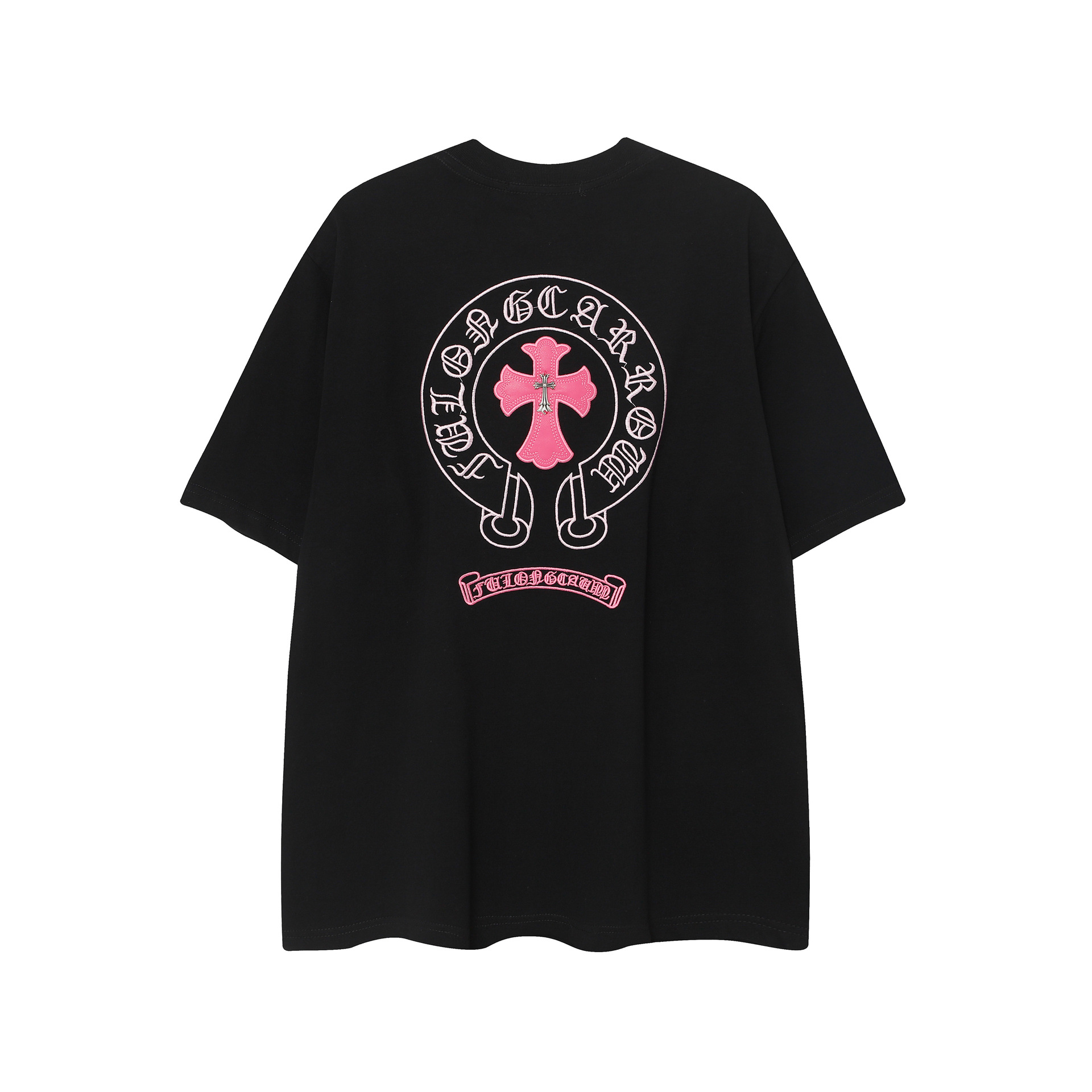 【Chrome Heart】Chrome Heart クロス刺繍 ローズピンク ホースシュー ルーズ 半袖 Tシャツ 男女兼用