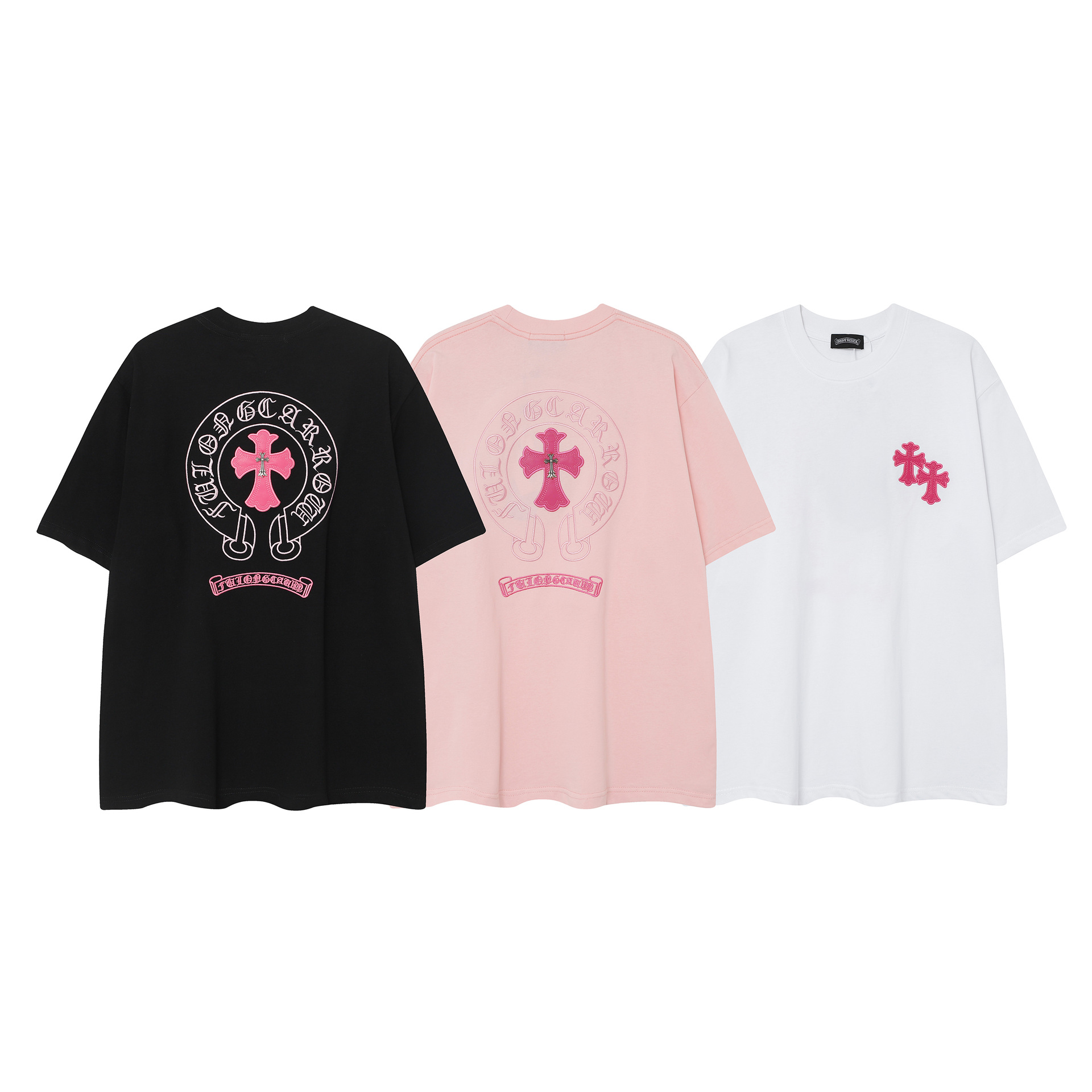 【Chrome Heart】Chrome Heart クロス刺繍 ローズピンク ホースシュー ルーズ 半袖 Tシャツ 男女兼用