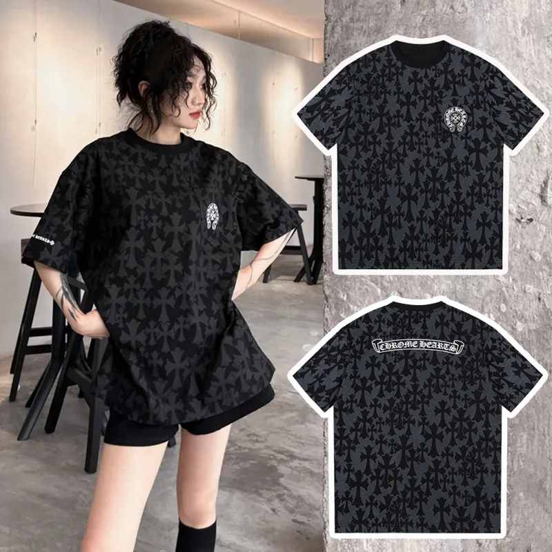Chrome Hearts クロムハーツ  【男女兼用】夏の新しいトレンディなブランドニッチアメリカン半袖Tシャツ全体にクロスプリントが施されたゆったりとした