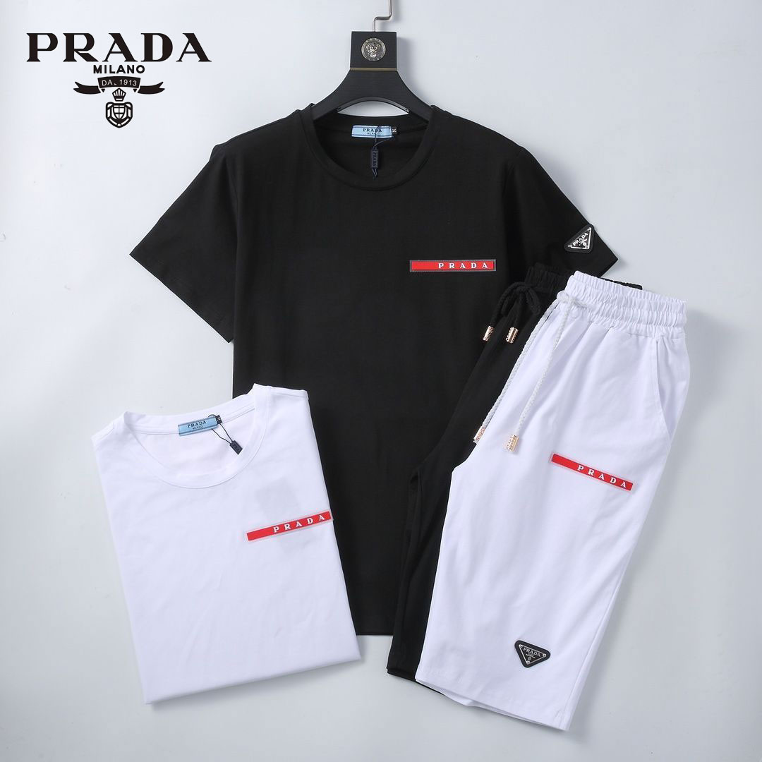 【Prada】【トップス+パンツ】スポーツラウンドネック半袖Tシャツ2枚セット