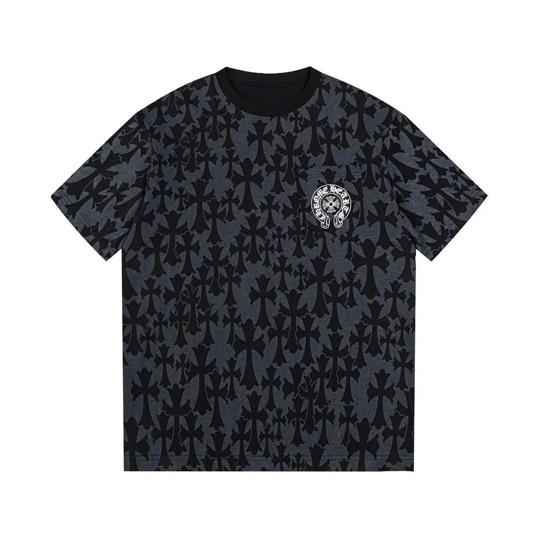 Chrome Hearts クロムハーツ  【男女兼用】夏の新しいトレンディなブランドニッチアメリカン半袖Tシャツ全体にクロスプリントが施されたゆったりとした