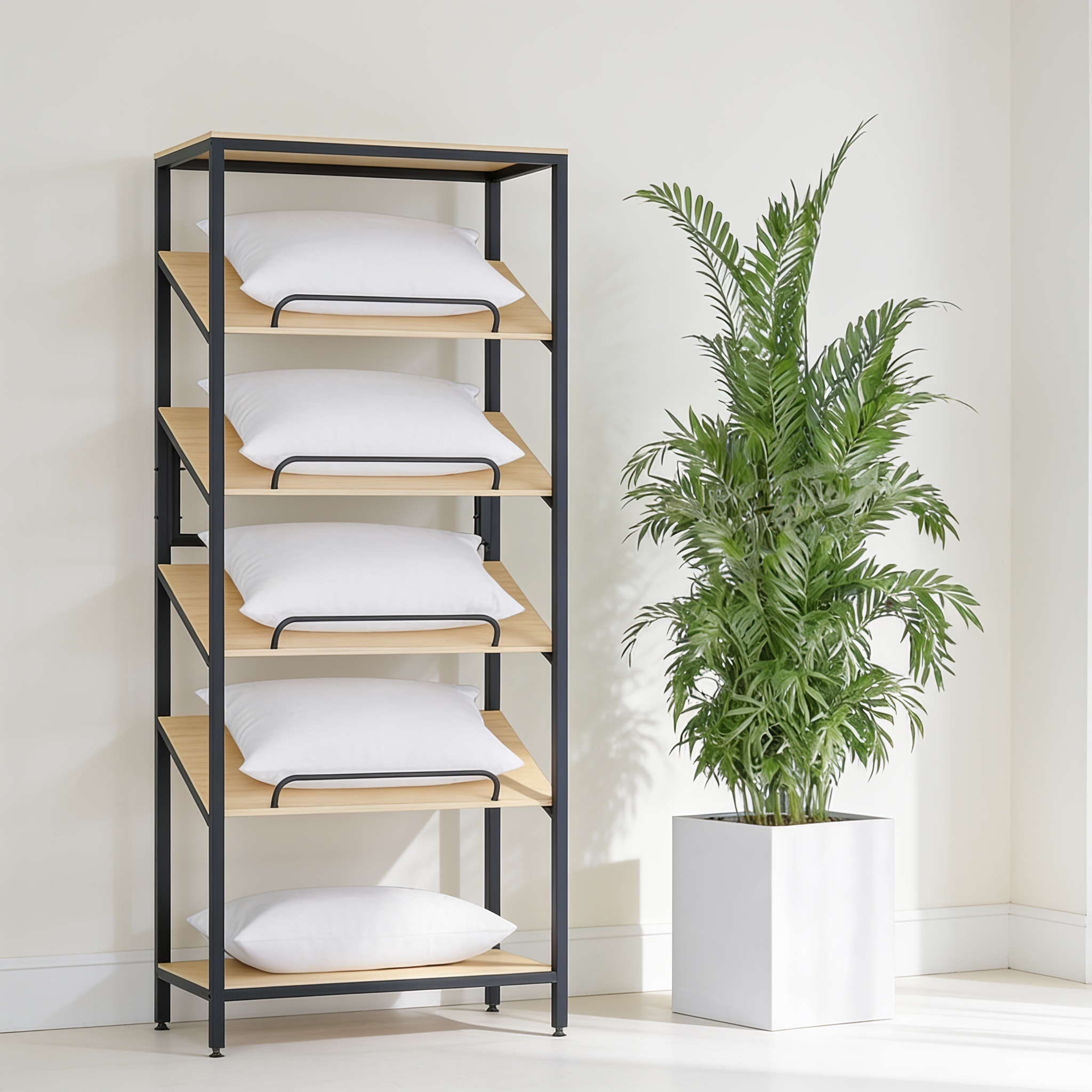 5-Tier Commercial Display Rack with Slanted Wood Shelves