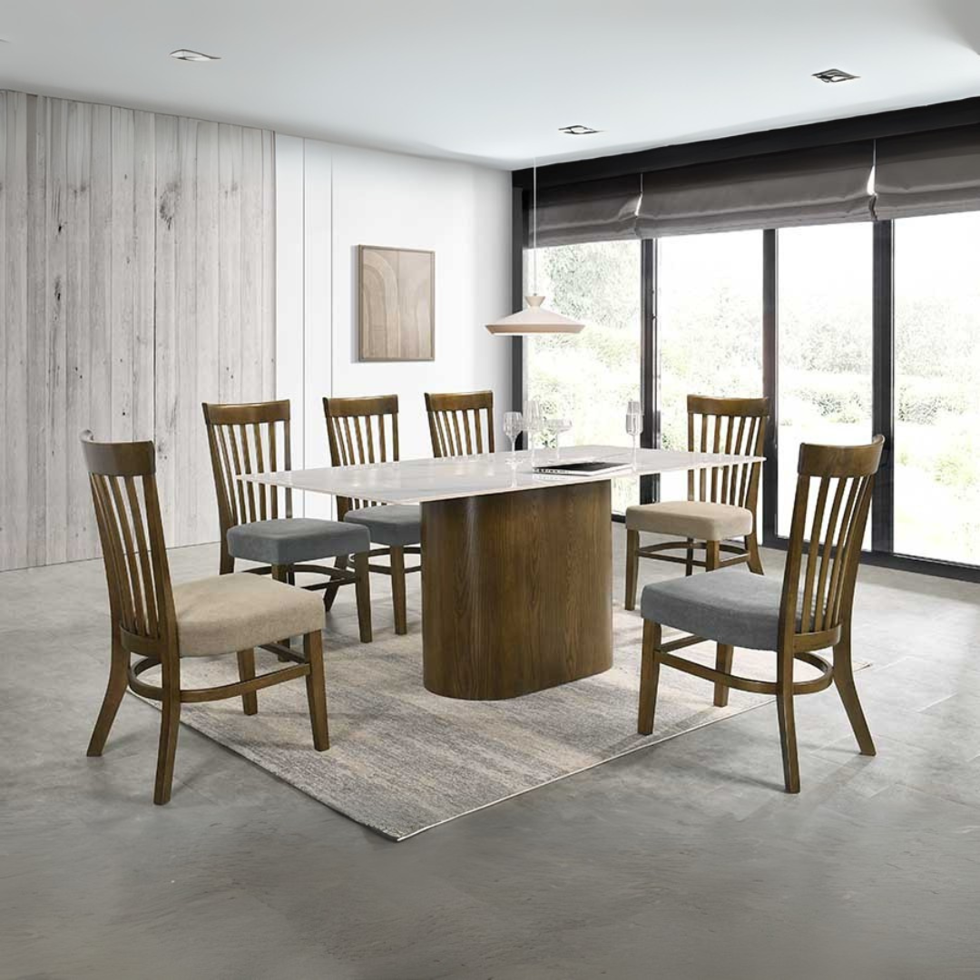 Affermo Dining Table + 6 Landari Fabric Dining Chairs