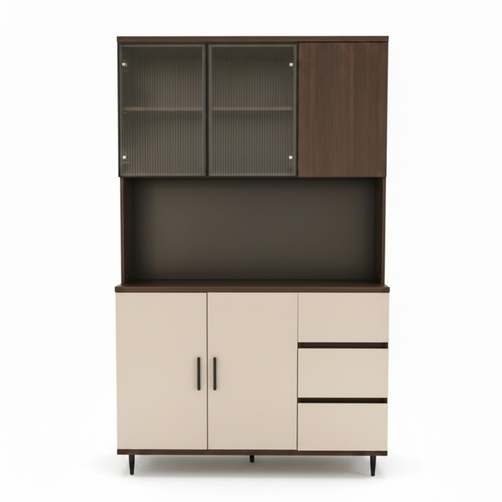 Austin Modern Kitchen Hutch Sideboard Cabinet with Ribbed Glass Doors