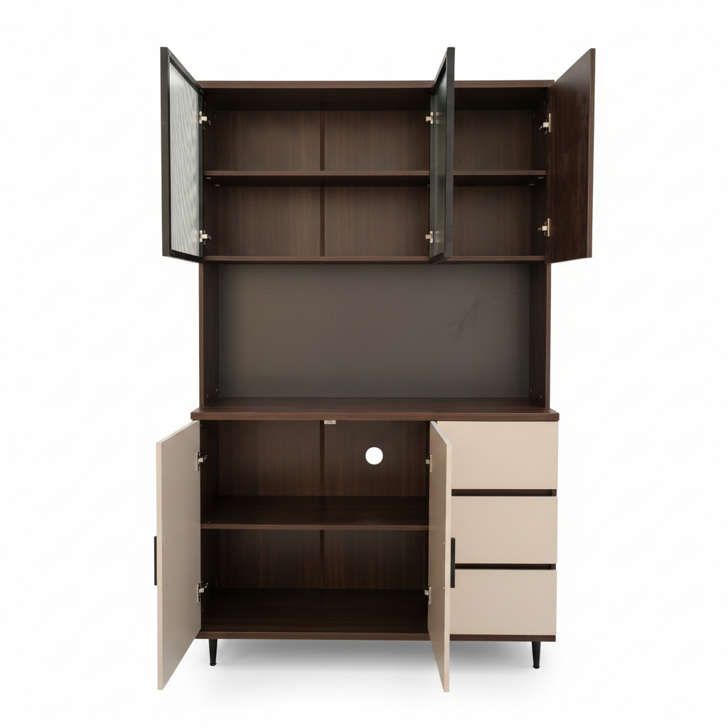 Austin Modern Kitchen Hutch Sideboard Cabinet with Ribbed Glass Doors