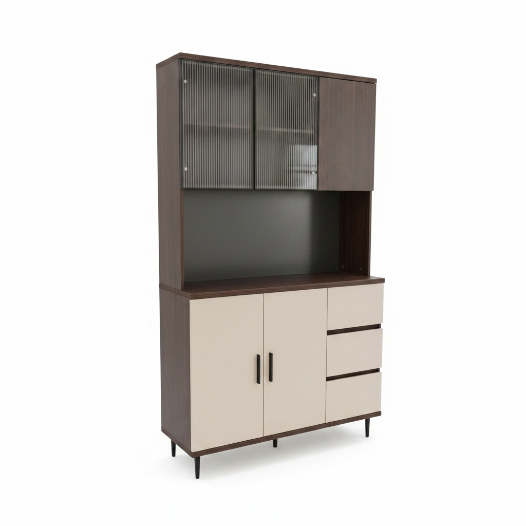 Austin Modern Kitchen Hutch Sideboard Cabinet with Ribbed Glass Doors