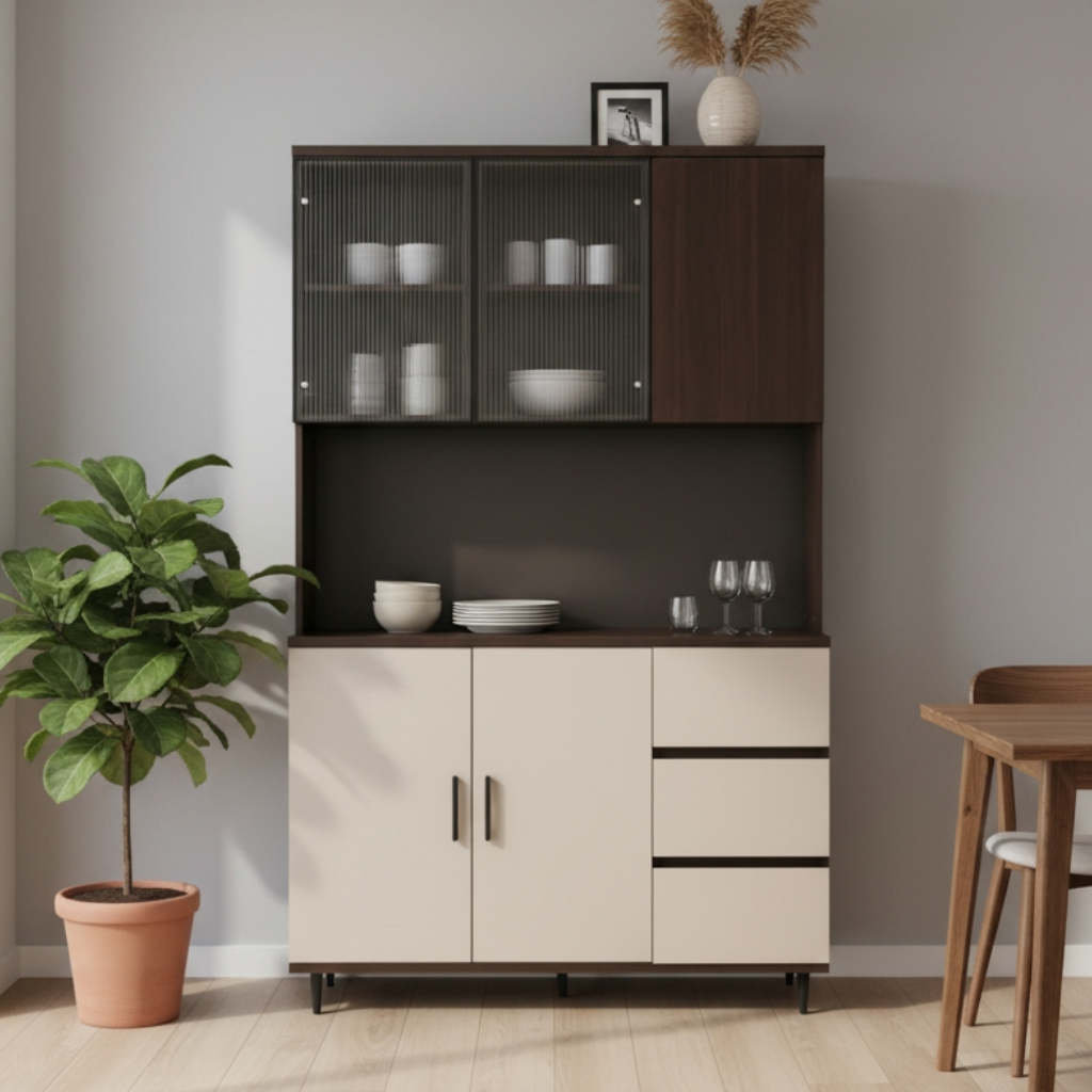 Austin Modern Kitchen Hutch Sideboard Cabinet with Ribbed Glass Doors