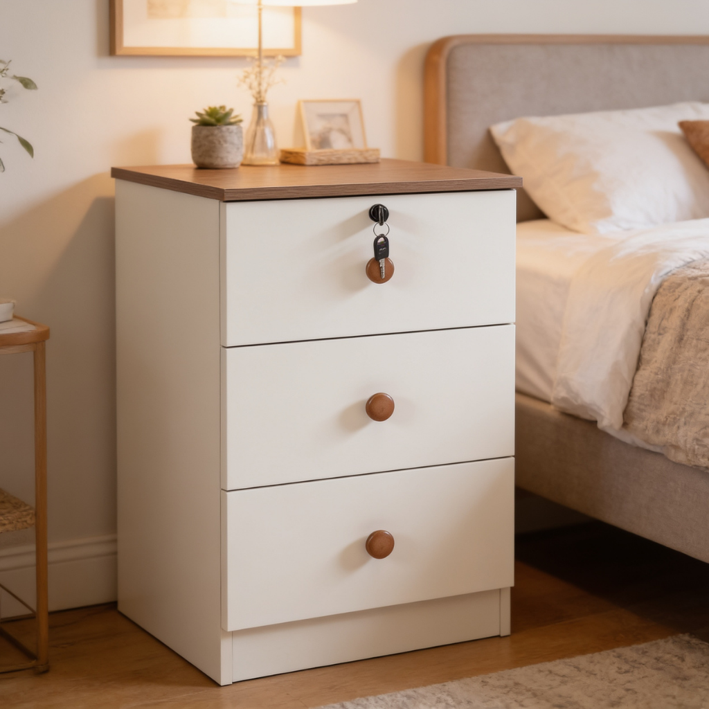 Carlo Modern Nordic 3-Drawer Bedside Table With Lock – Two-Tone Storage Cabinet