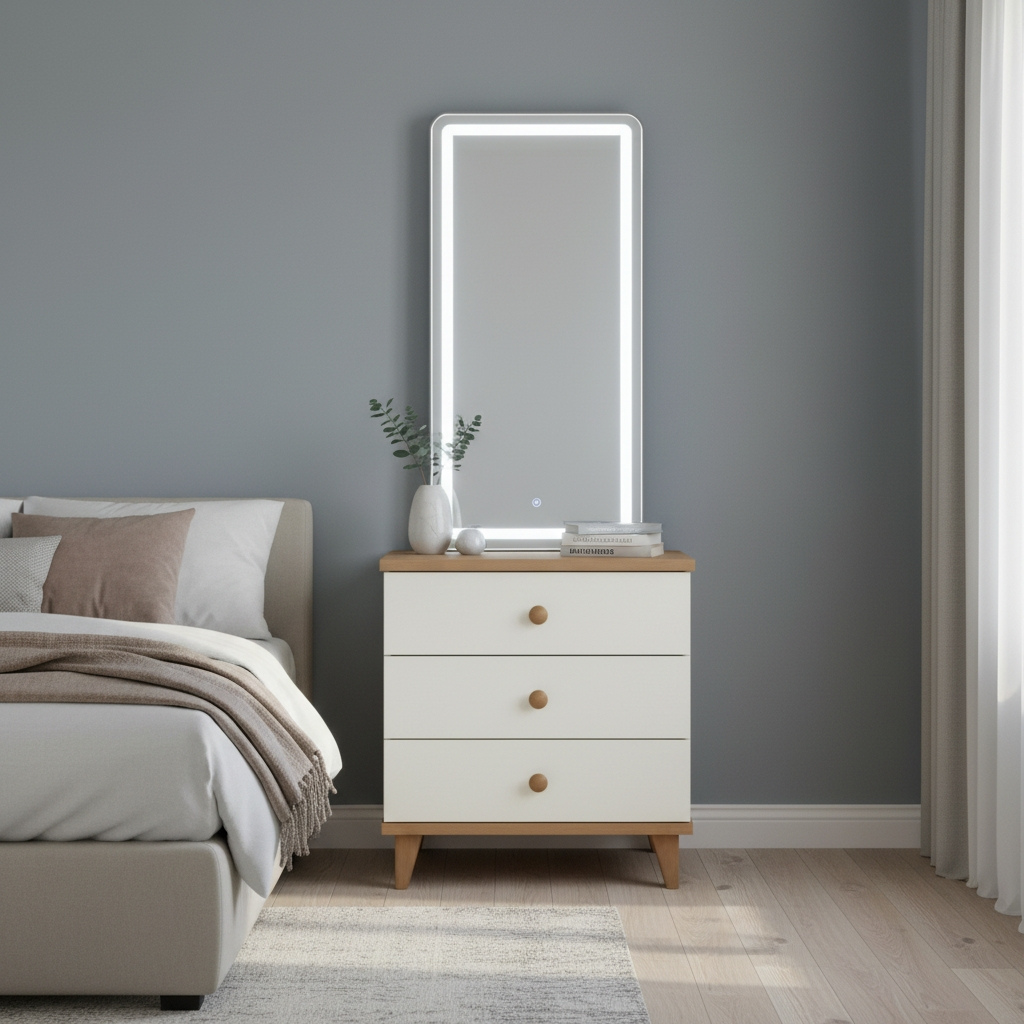 Carlo Modern Nordic 3-Drawer Chest of Drawers – Two-Tone Storage Cabinet With Tall Mirror