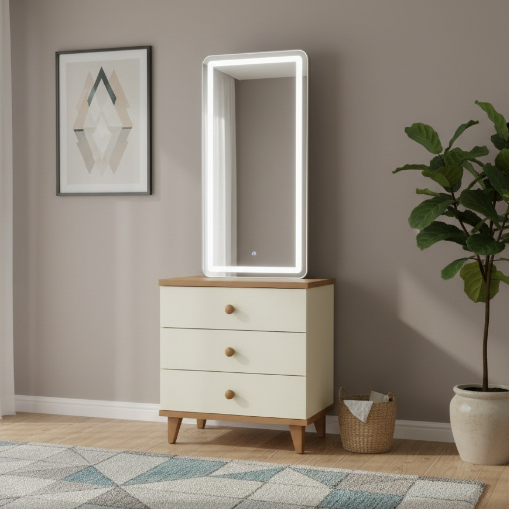 Carlo Modern Nordic 3-Drawer Chest of Drawers – Two-Tone Storage Cabinet With Tall Mirror