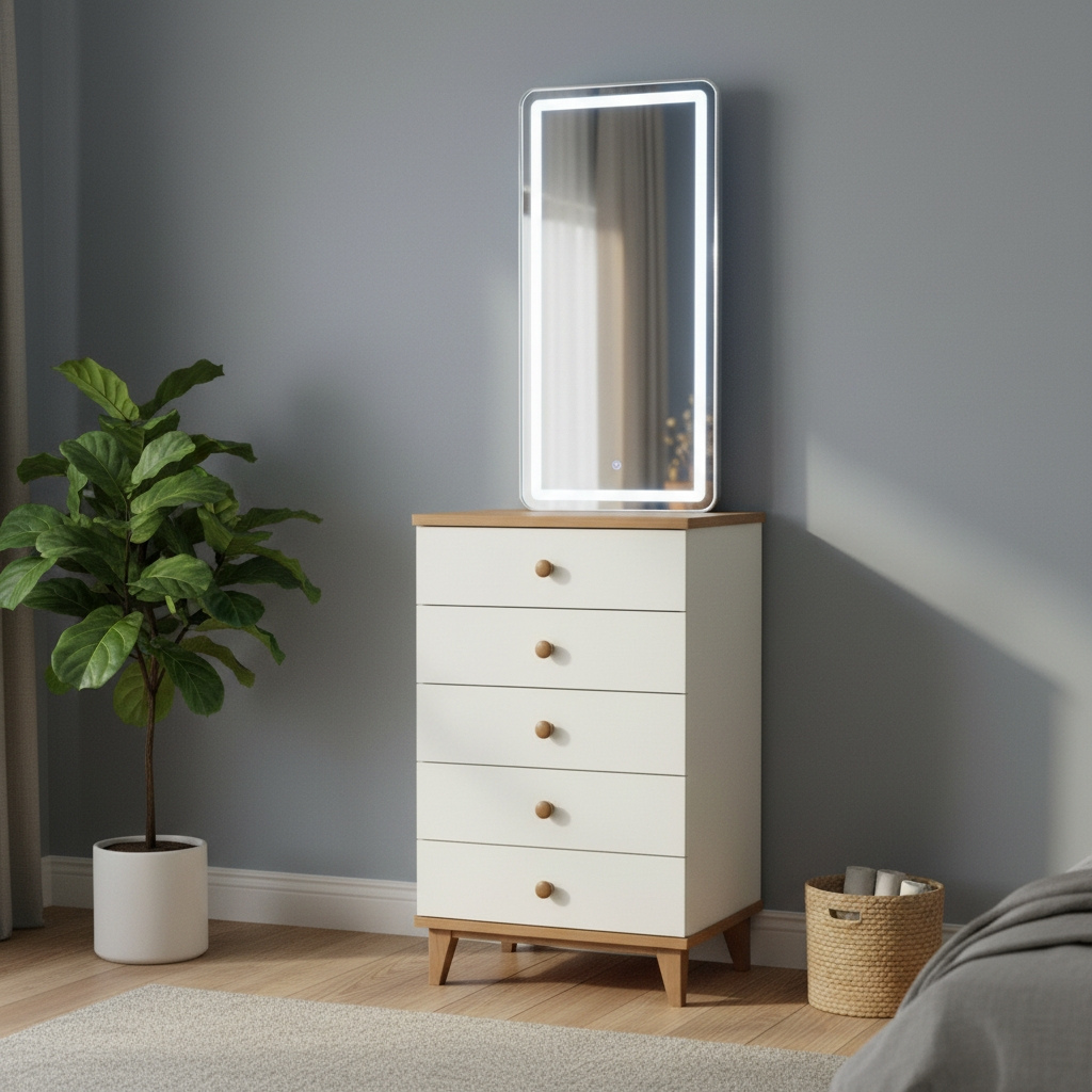 Carlo Modern Nordic 5-Drawer Chest of Drawers – Two-Tone Storage Cabinet With Tall Mirror