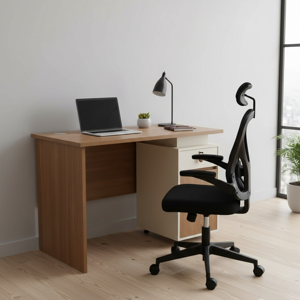 Carlo Modern Wood Writing Desk with Lockable Drawer and Storage Cabinet