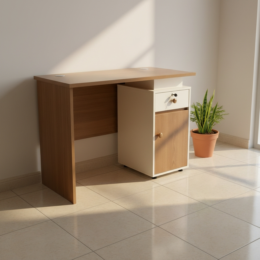 Carlo Modern Wood Writing Desk with Lockable Drawer and Storage Cabinet