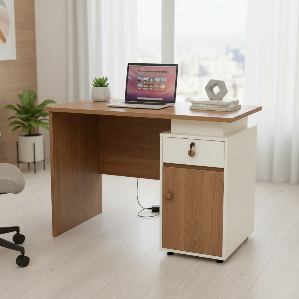 Carlo Modern Wood Writing Desk with Lockable Drawer and Storage Cabinet