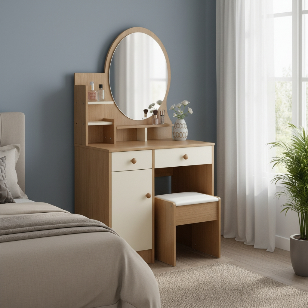 Carlo Wooden Dressing Table Vanity Set with Oval Mirror and Stool