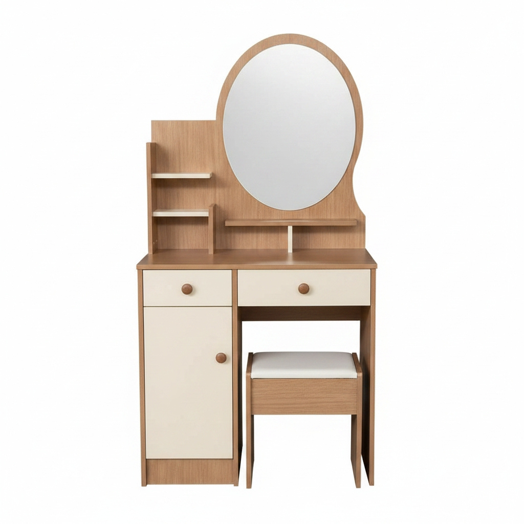Carlo Wooden Dressing Table Vanity Set with Oval Mirror and Stool