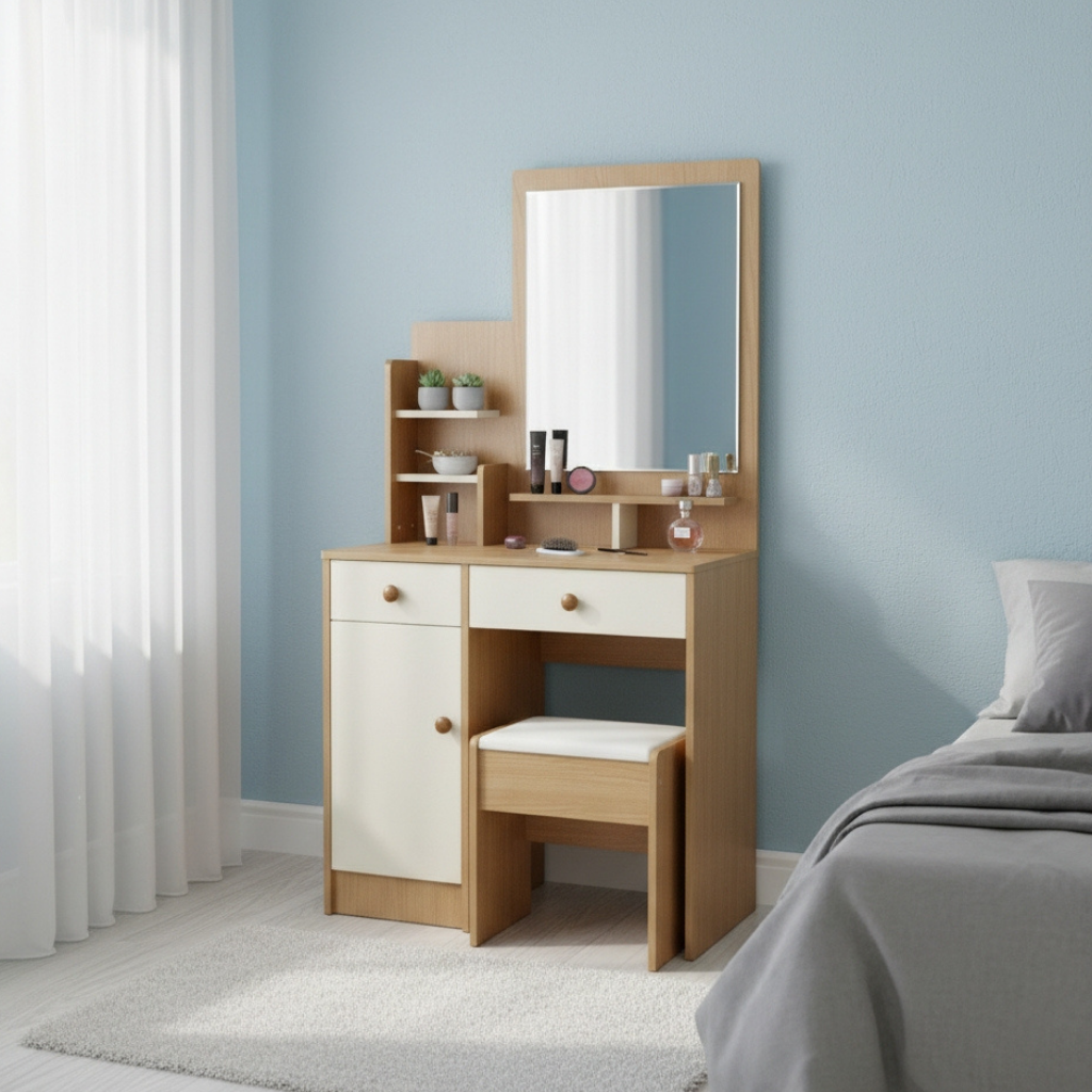 Carlo Wooden Dressing Table Vanity Set with Rectangular Mirror and Stool