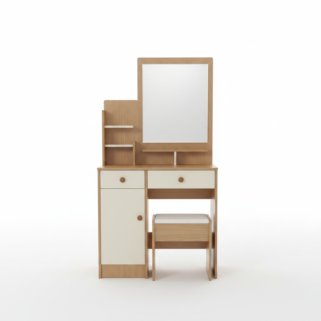 Carlo Wooden Dressing Table Vanity Set with Rectangular Mirror and Stool