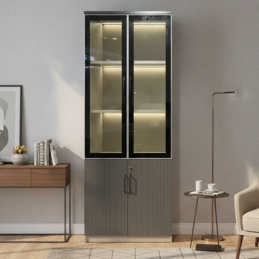 Grado 2 Door Modern Office Filing Cabinet with Glass Doors and LED Lighting