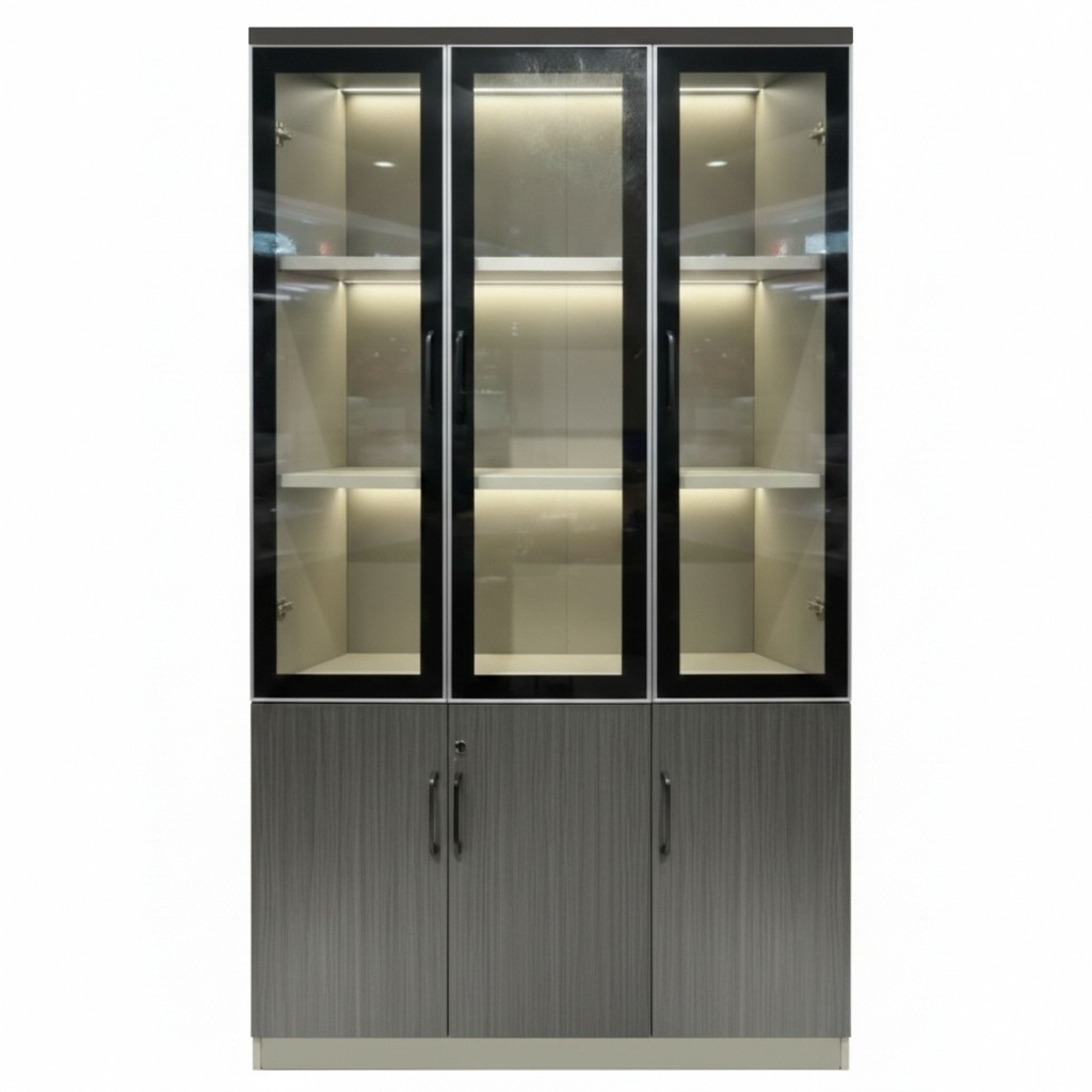 Grado 3 Door Modern Office Filing Cabinet with Glass Doors and LED Lighting