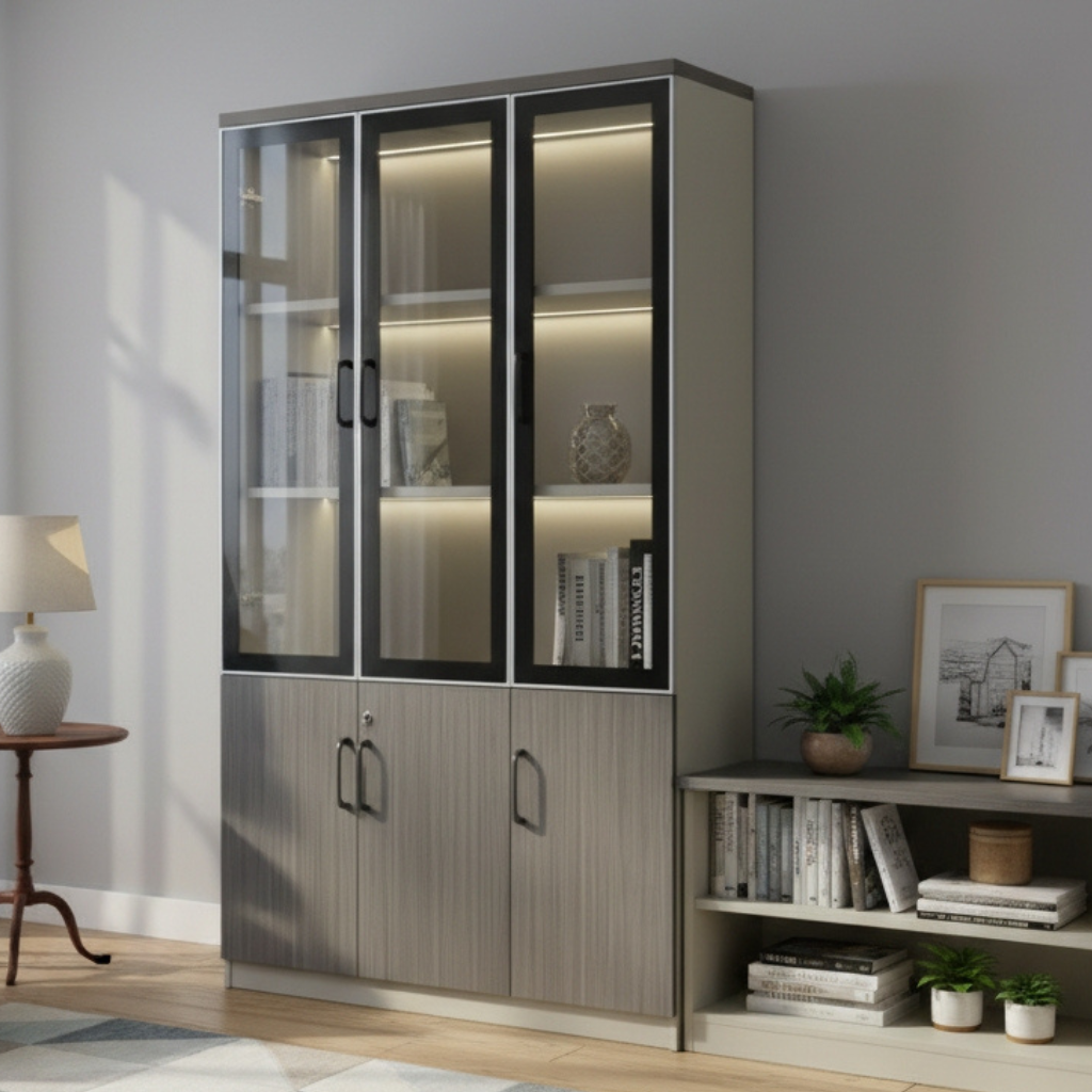 Grado 3 Door Modern Office Filing Cabinet with Glass Doors and LED Lighting