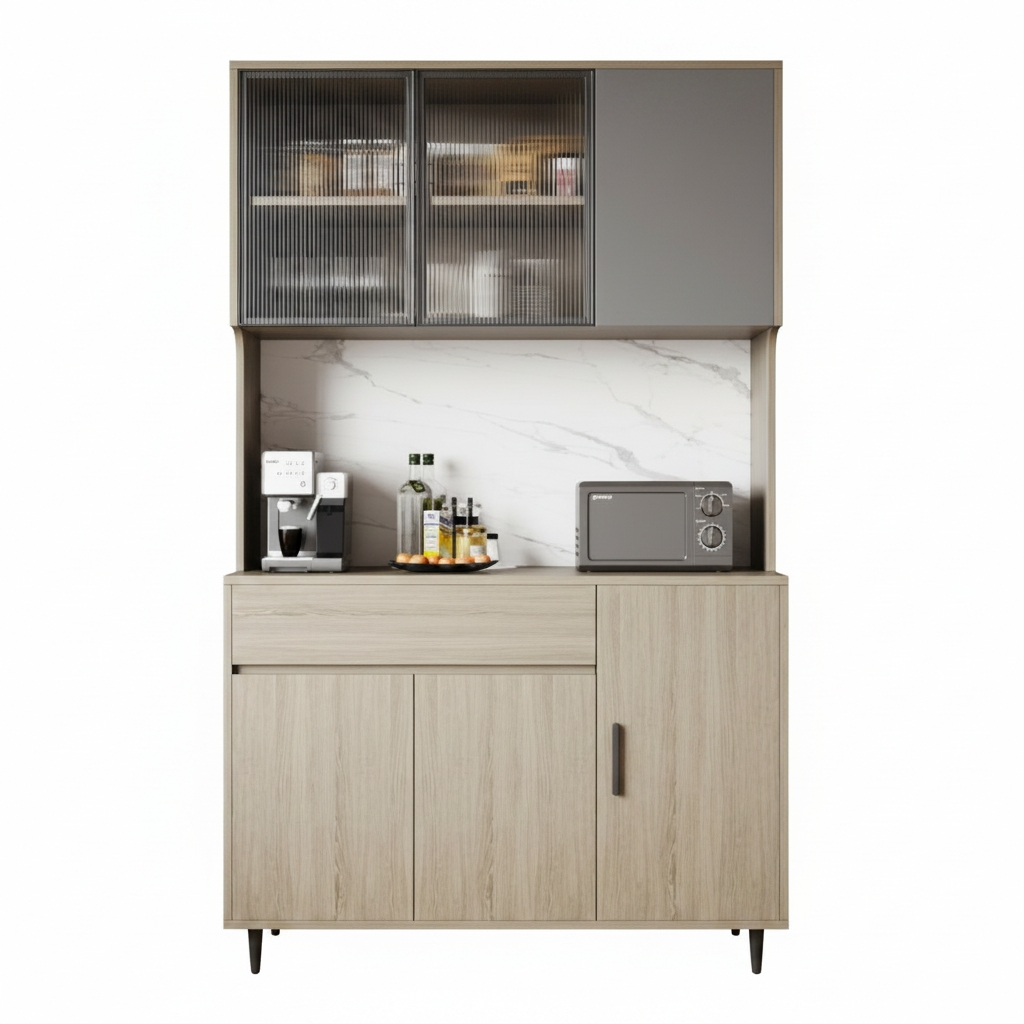 Jackson Modern Kitchen Hutch Sideboard Cabinet with Ribbed Glass Doors and Marble Backsplash (Walnut)
