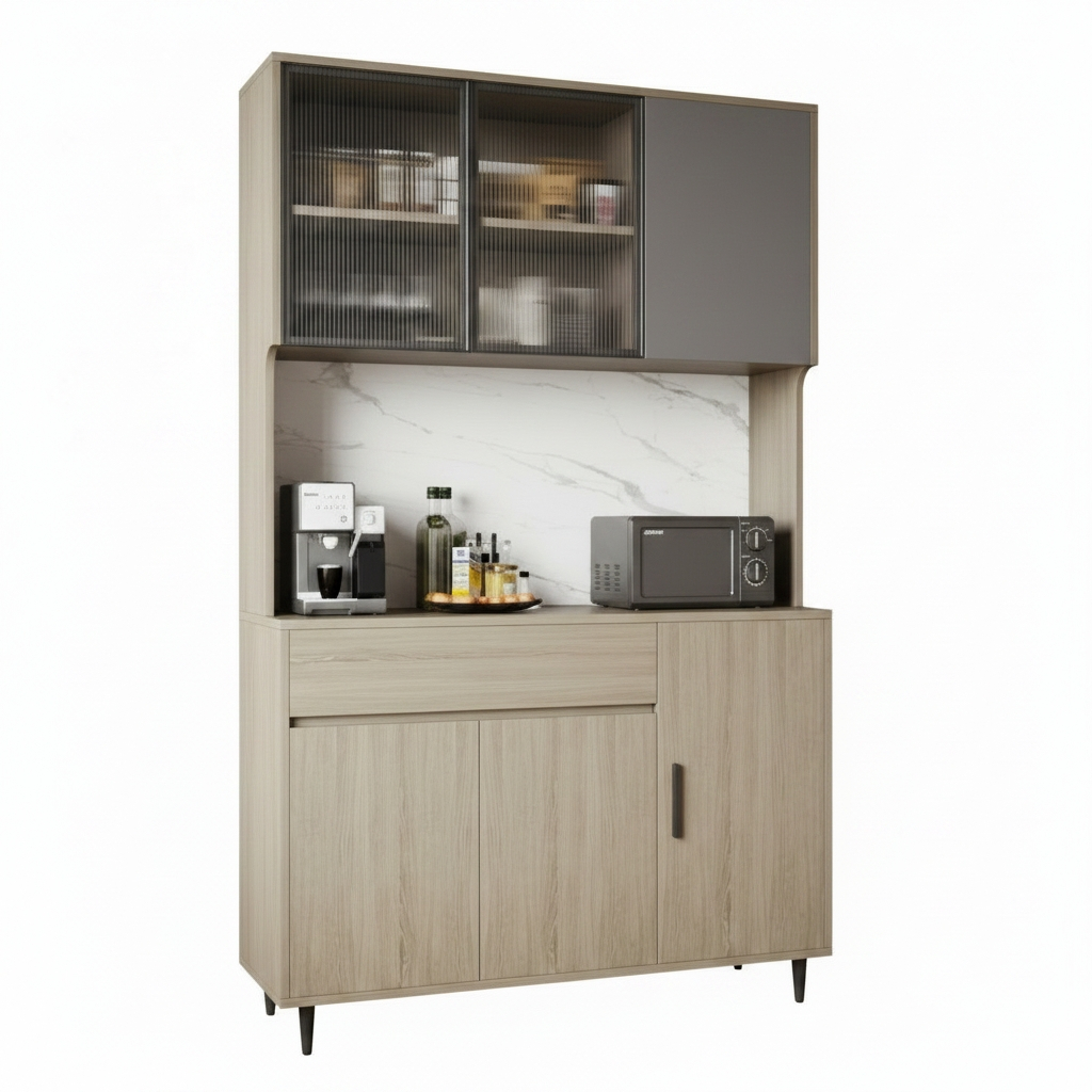Jackson Modern Kitchen Hutch Sideboard Cabinet with Ribbed Glass Doors and Marble Backsplash (Walnut)