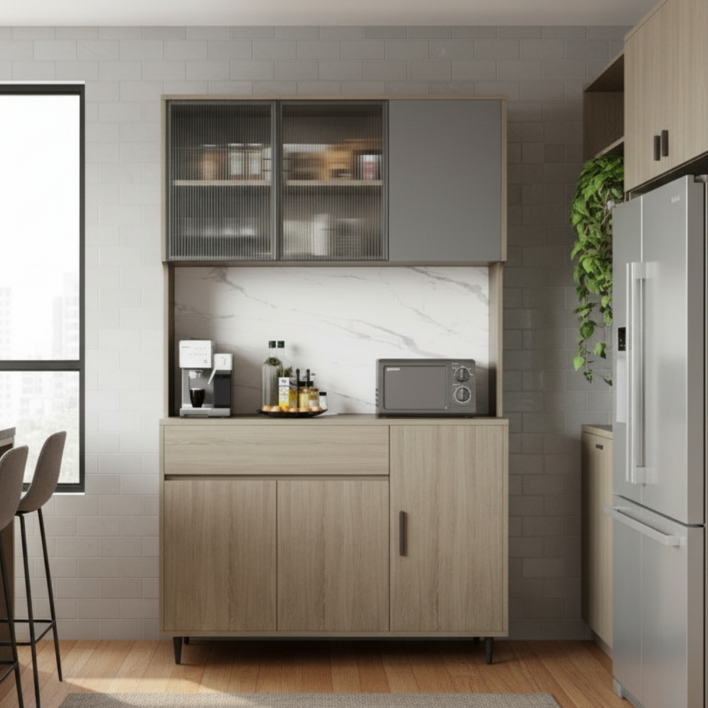 Jackson Modern Kitchen Hutch Sideboard Cabinet with Ribbed Glass Doors and Marble Backsplash (Walnut)