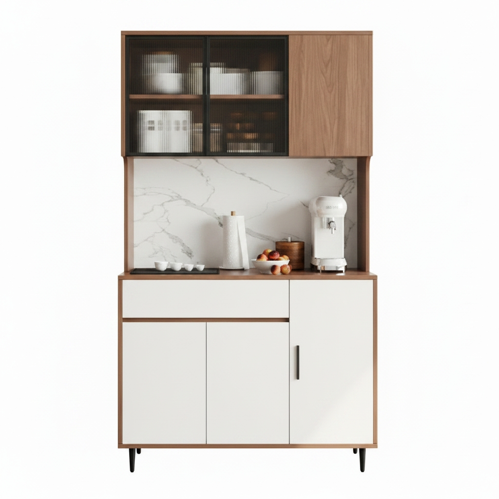 Jackson Modern Kitchen Hutch Sideboard Cabinet with Ribbed Glass Doors and Marble Backsplash (Walnut & White)