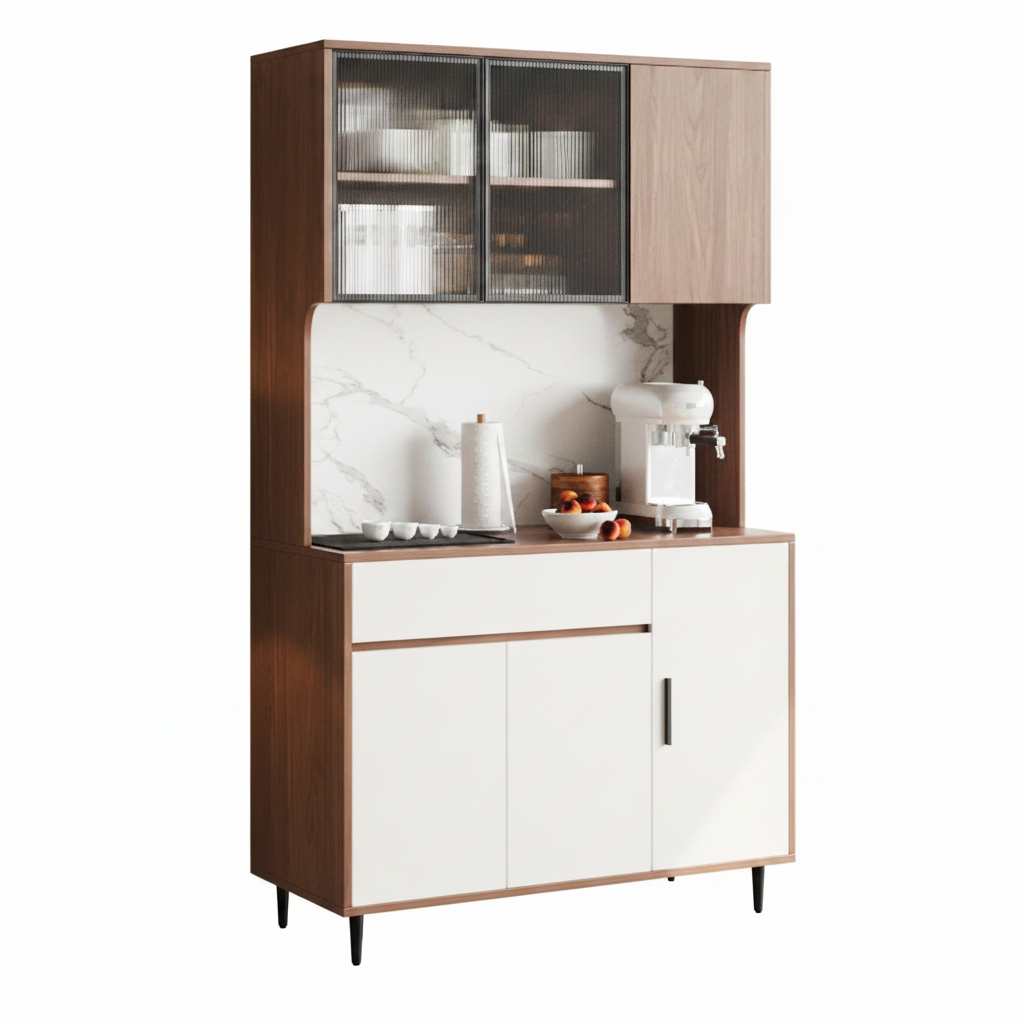 Jackson Modern Kitchen Hutch Sideboard Cabinet with Ribbed Glass Doors and Marble Backsplash (Walnut & White)