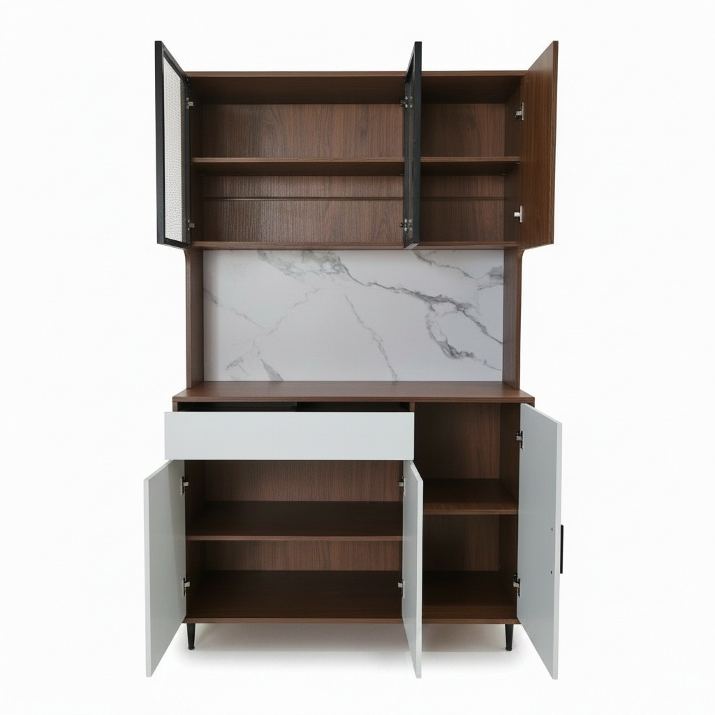 Jackson Modern Kitchen Hutch Sideboard Cabinet with Ribbed Glass Doors and Marble Backsplash (Walnut & White)