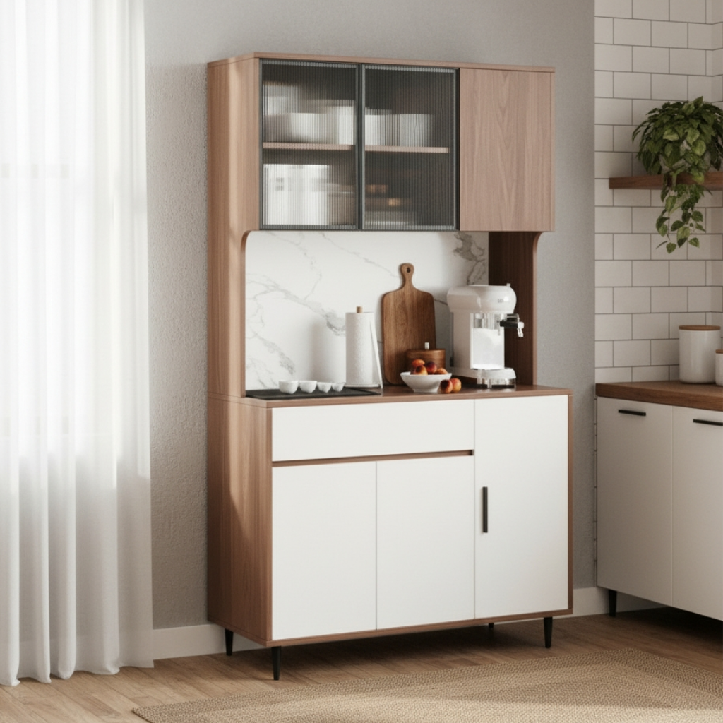 Jackson Modern Kitchen Hutch Sideboard Cabinet with Ribbed Glass Doors and Marble Backsplash (Walnut & White)