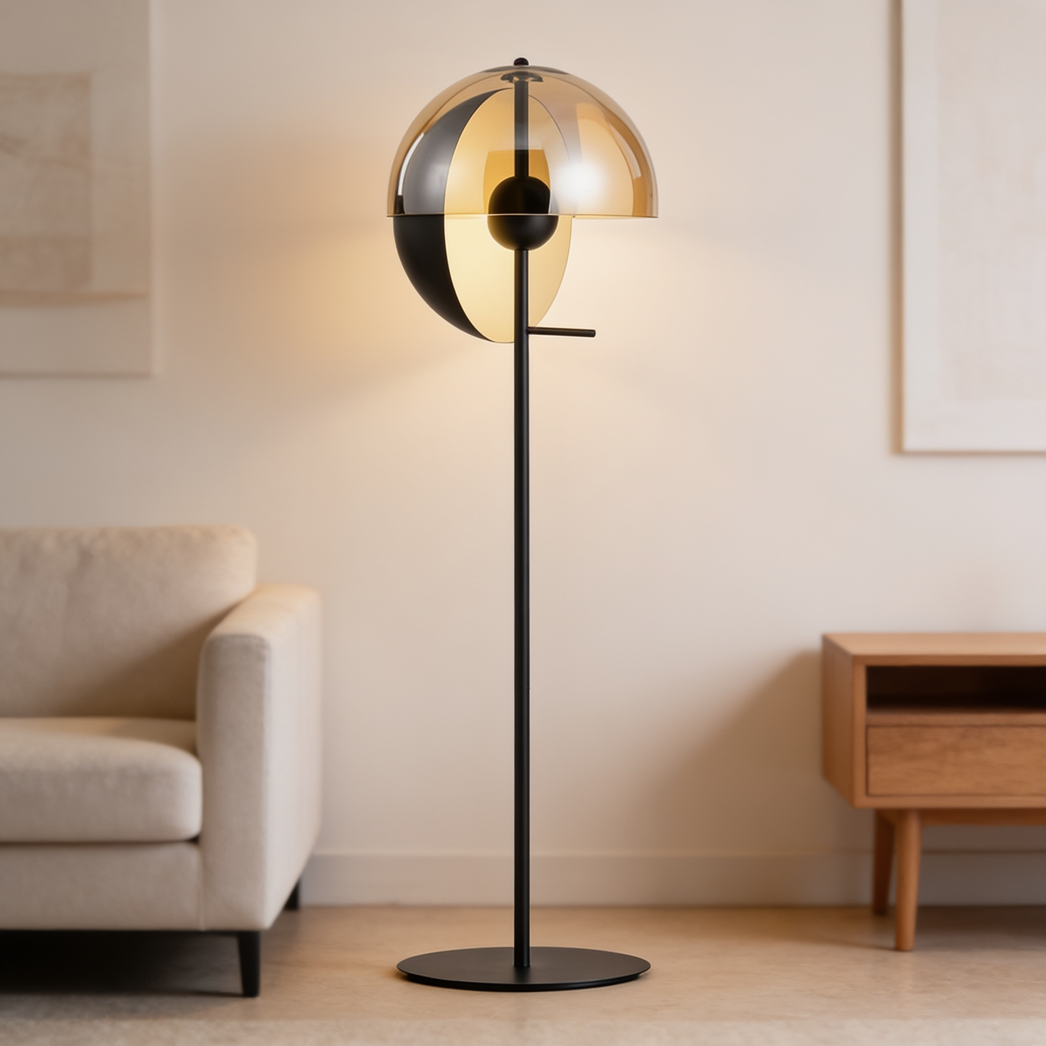 Lecce Modern Floor Lamp, Mid-Century Geometric Glass Standing Light with Amber Dome Shade