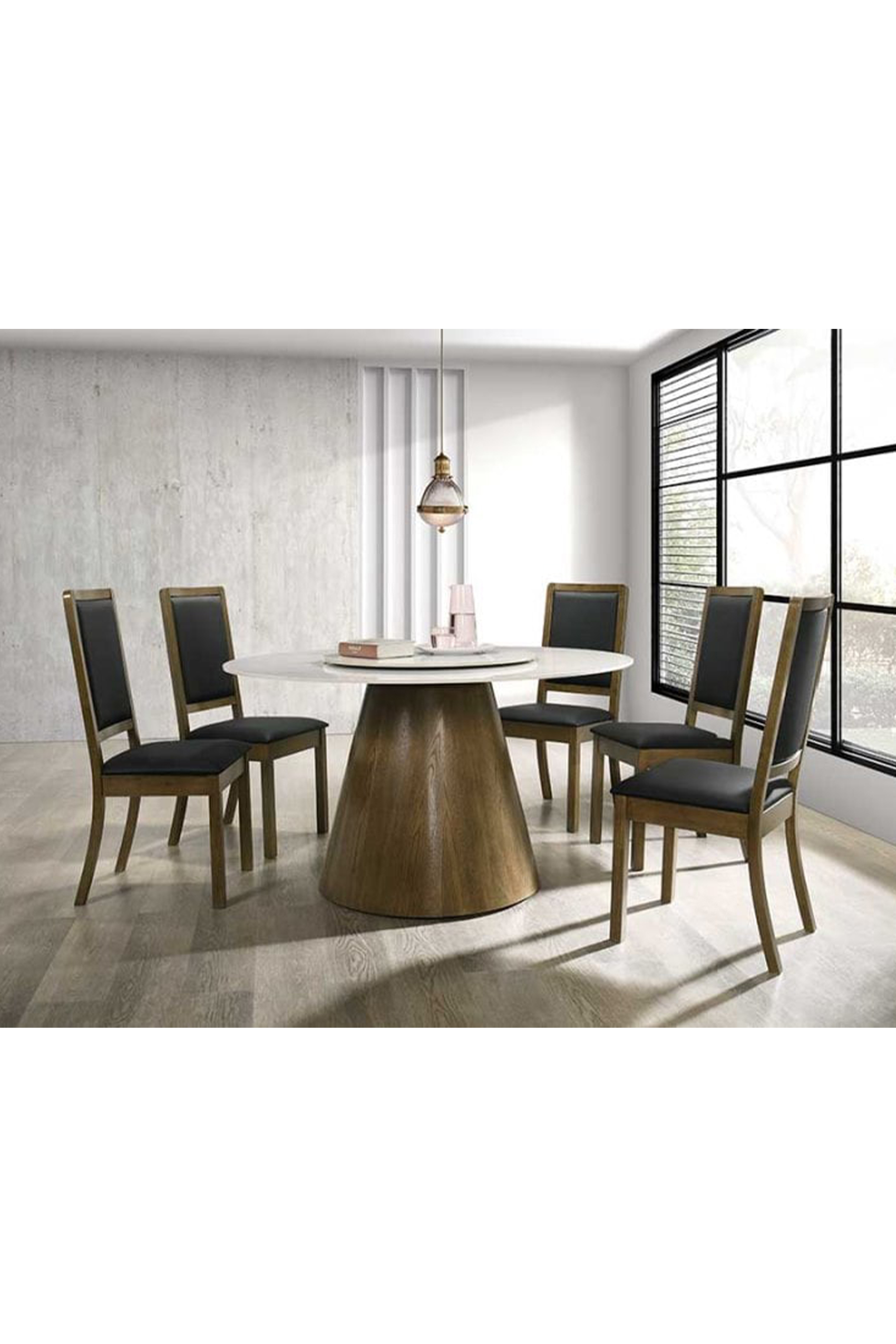 Livenza Round Dining Table + 6 Forio Leather Dining Chairs