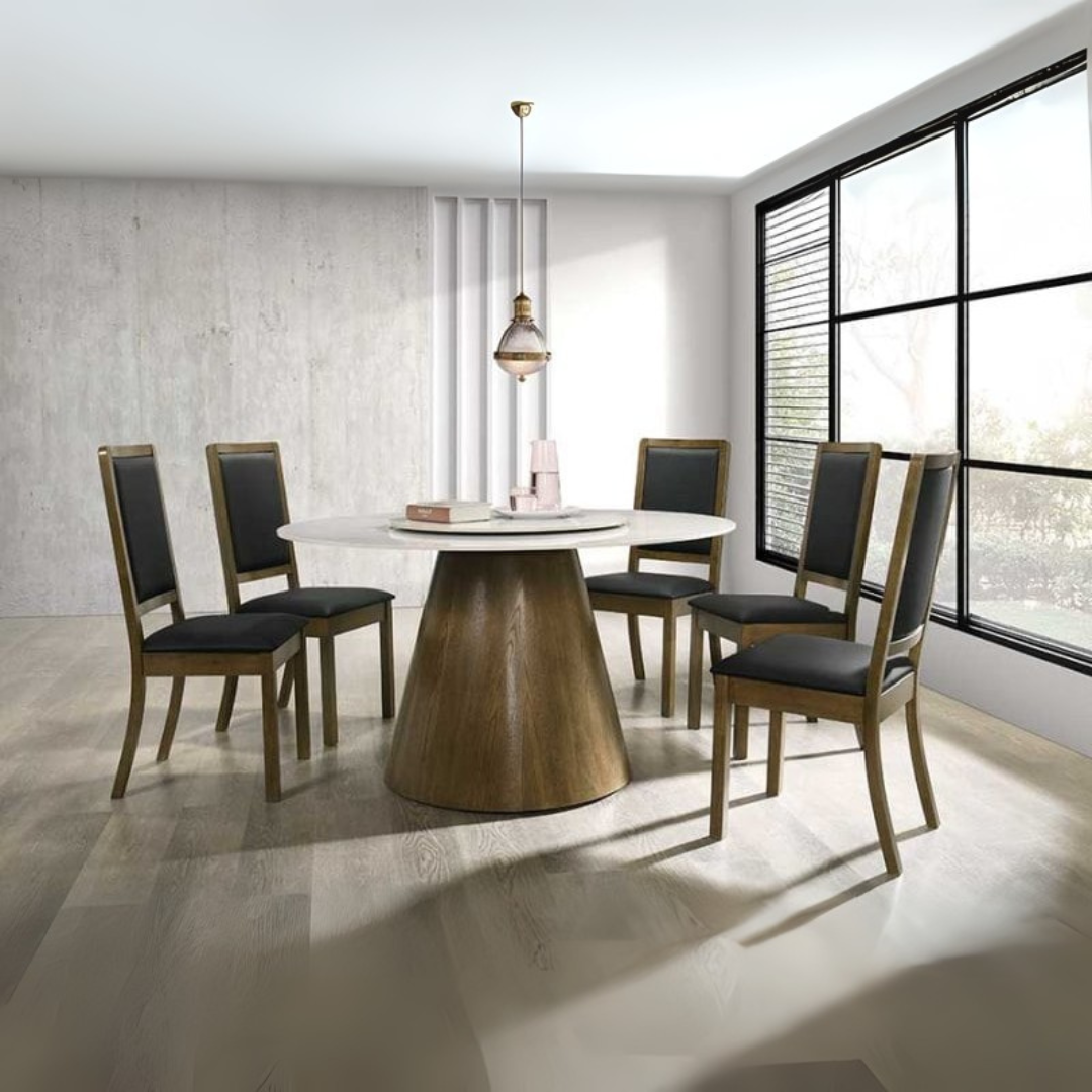 Livenza Round Dining Table + 6 Forio Leather Dining Chairs