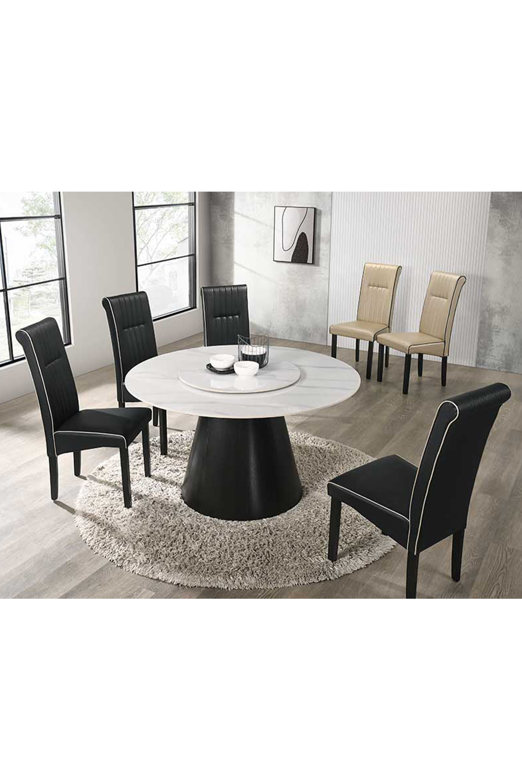 Livenza Round Dining Table + 6 Greci Leather Dining Chairs