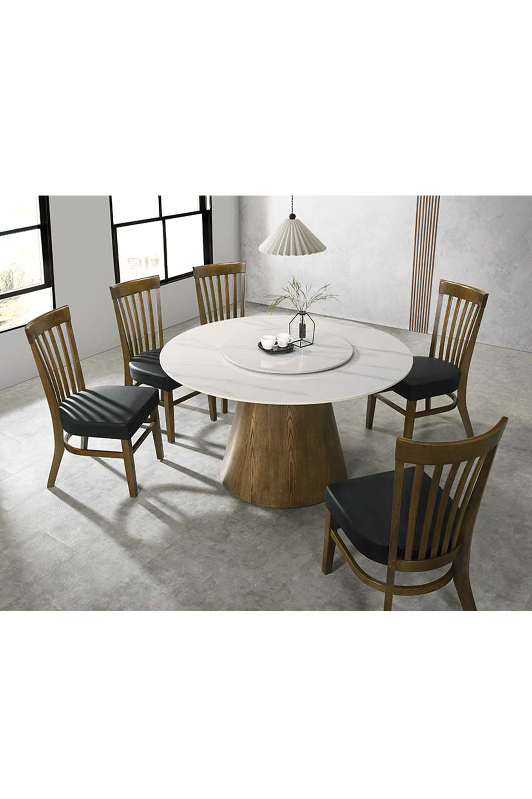 Livenza Round Dining Table + 6 Landari Leather Dining Chairs