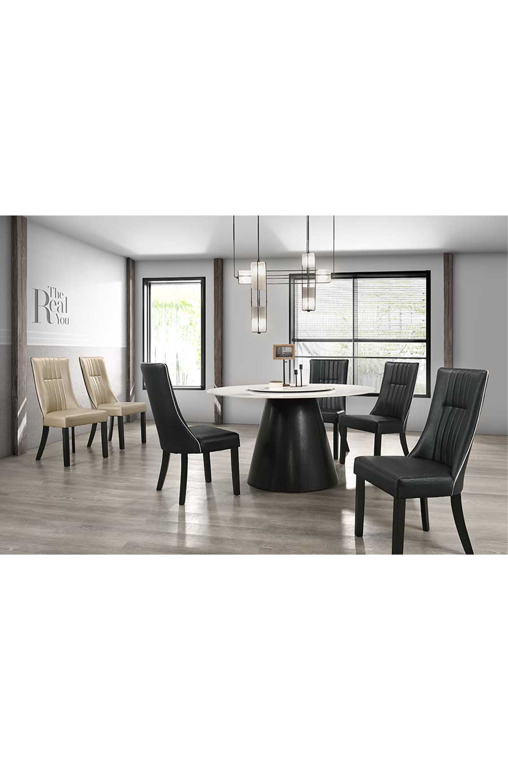 Livenza Round Dining Table + 6 Naxos Leather Dining Chairs