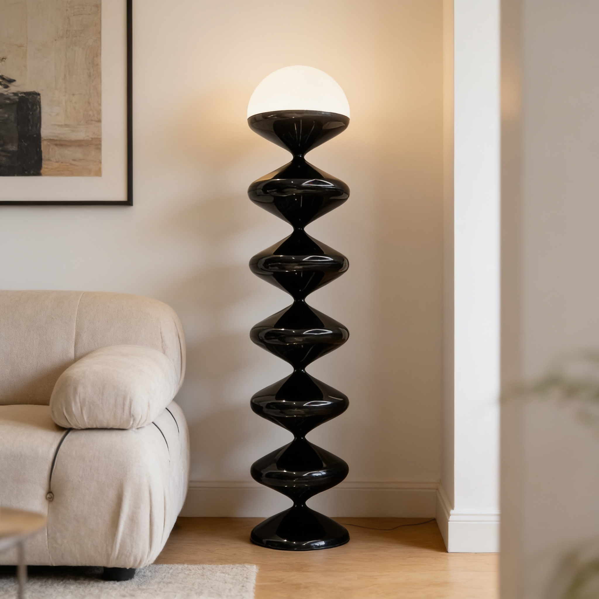 Lucca Mid-Century Stacked Gourd Floor Lamp – Black Resin