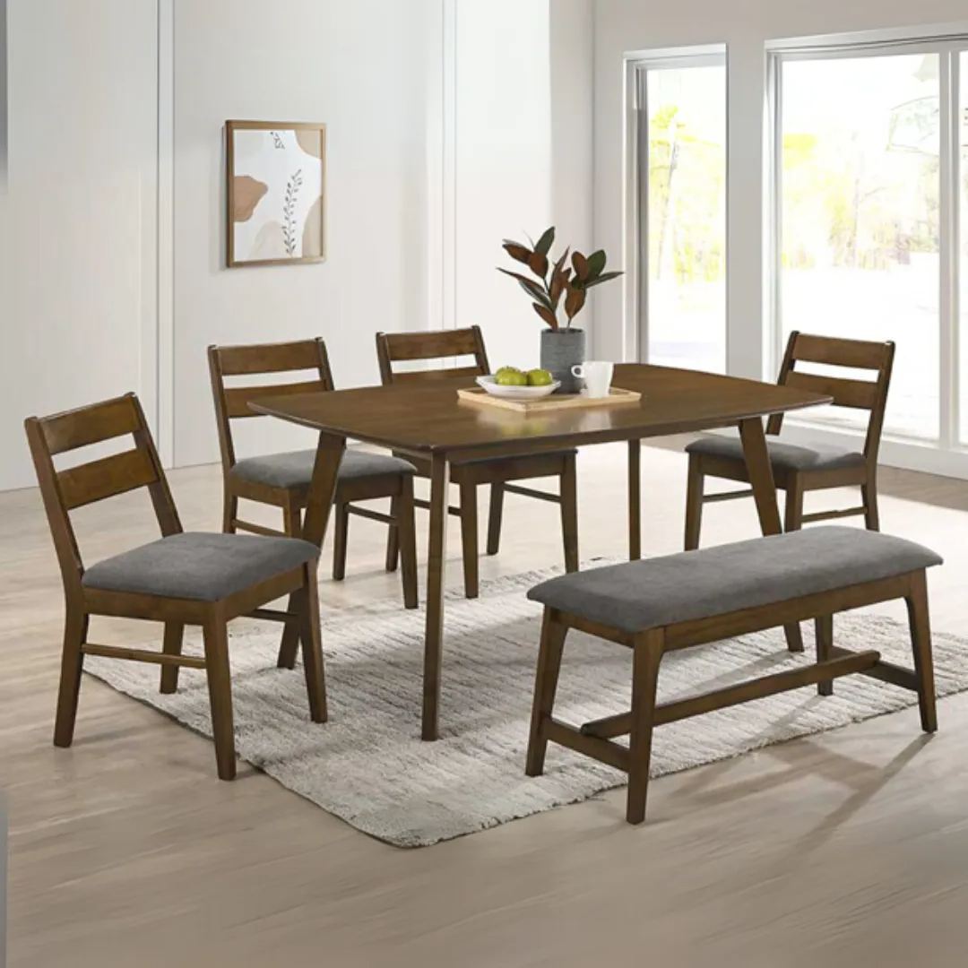 Takizawa Walnut 1+4 Wooden Dining Set (Kaga) with Bench (Wajima)