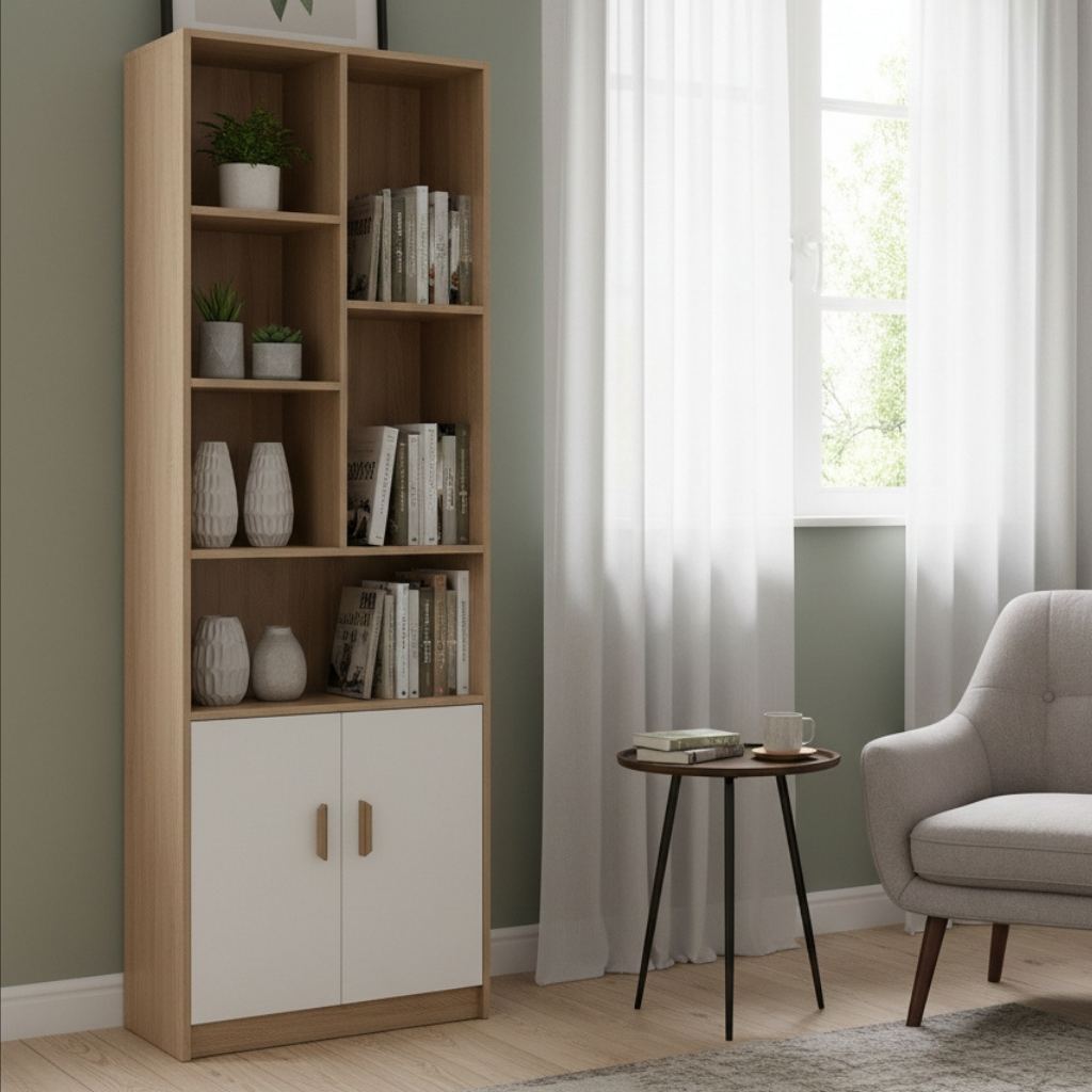 Carlo 6-Shelf Tall Bookshelf – Wood & White
