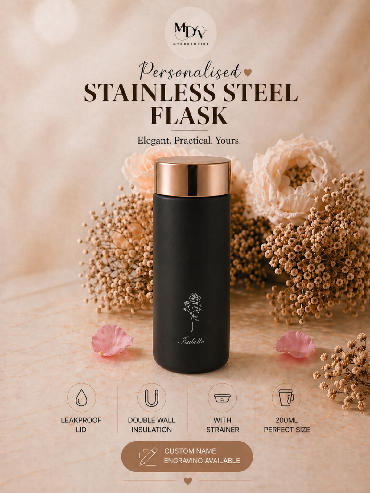 200ml Double Wall Stainless Steel Engraved Flask with Strainer  - BLACK