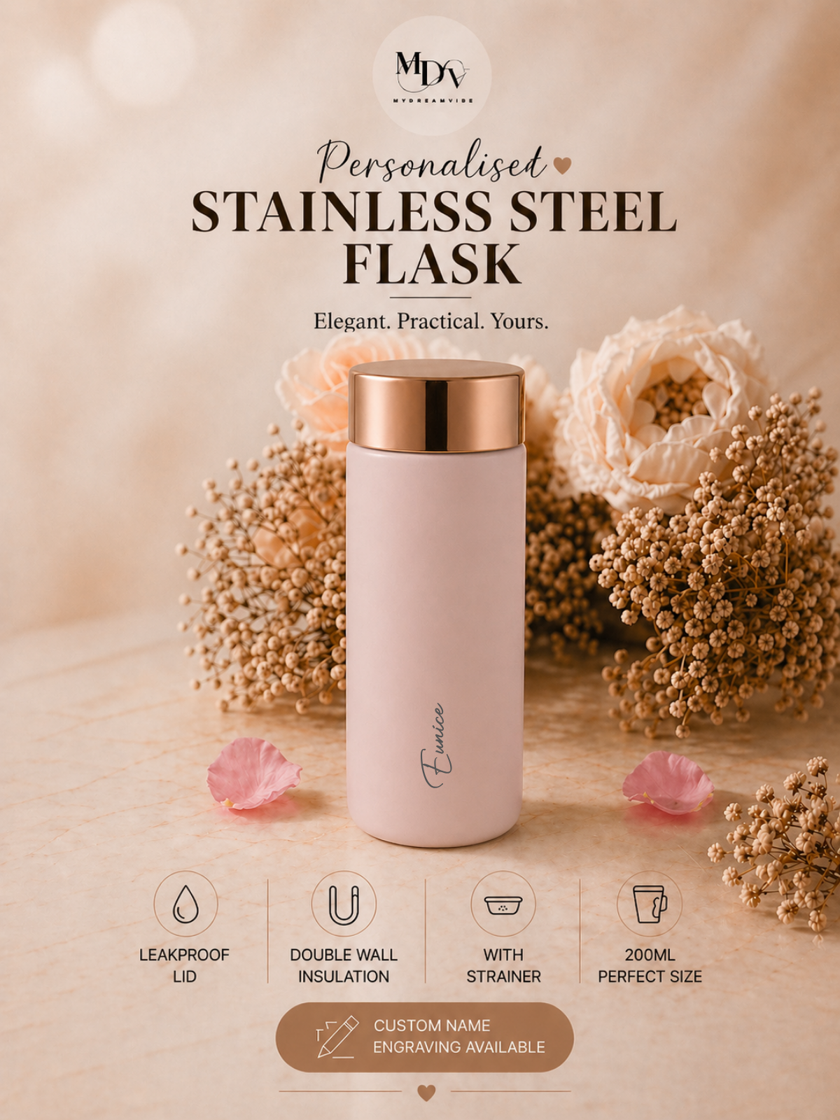 200ml Double Wall Stainless Steel Engraved Flask with Strainer  - PINK