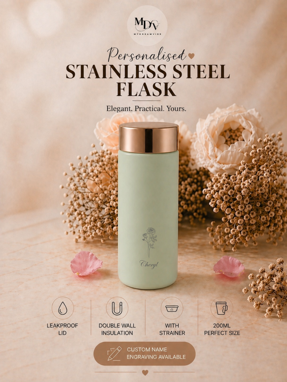 200ml Double Wall Stainless Steel Engraved Flask with Strainer  - SAGE