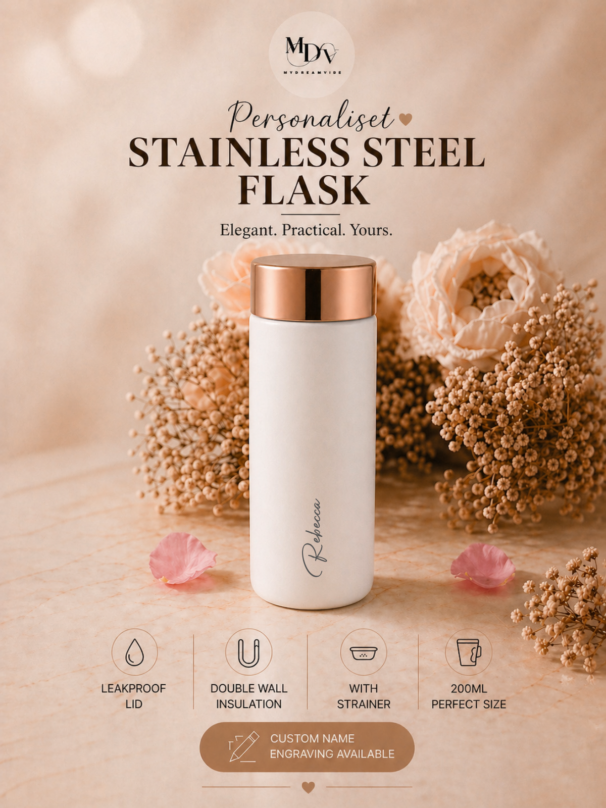 200ml Double Wall Stainless Steel Engraved Flask with Strainer  - WHITE