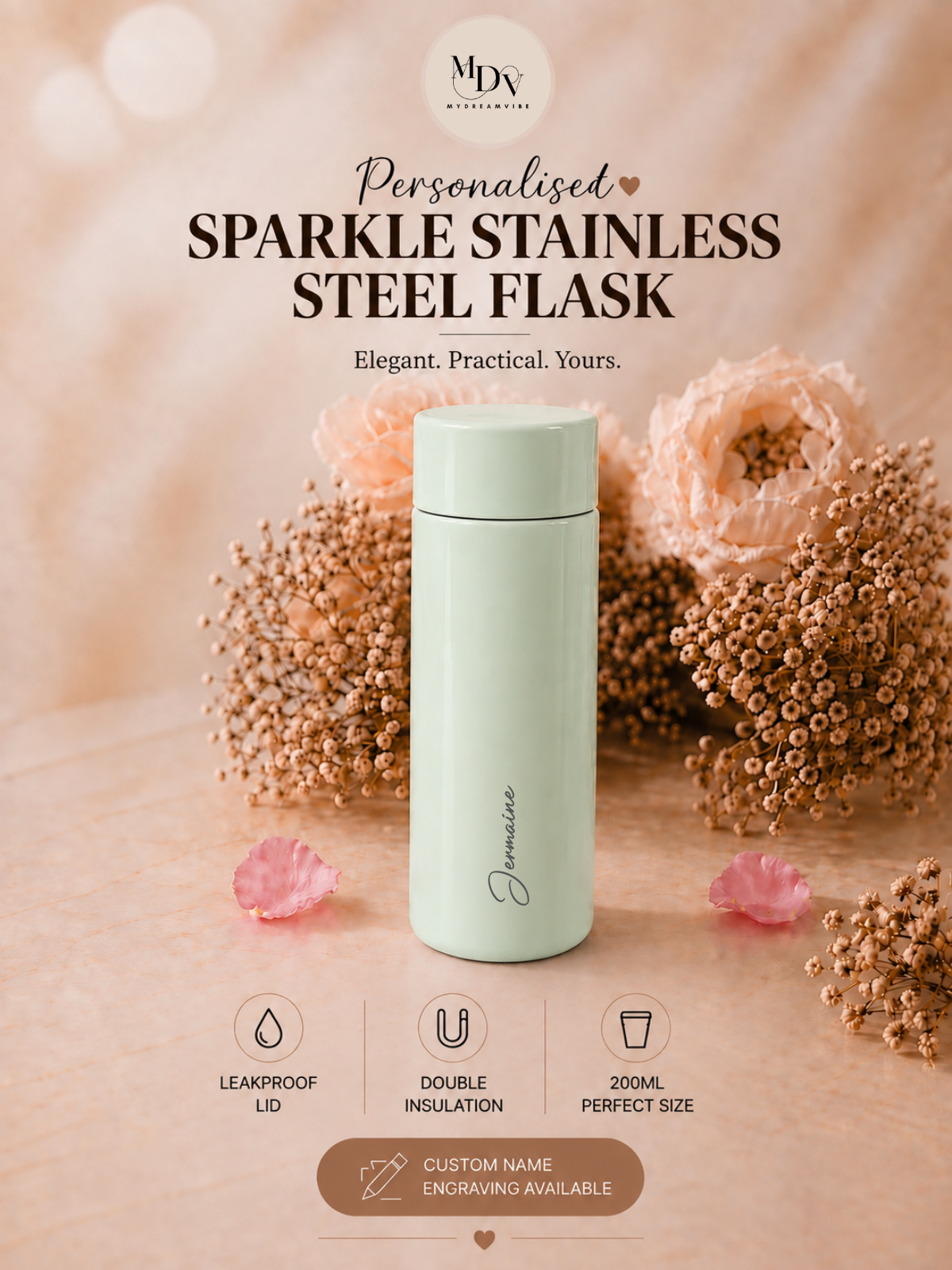 200ml Double Wall Stainless Steel Engraved Sparkle Flask — Mint