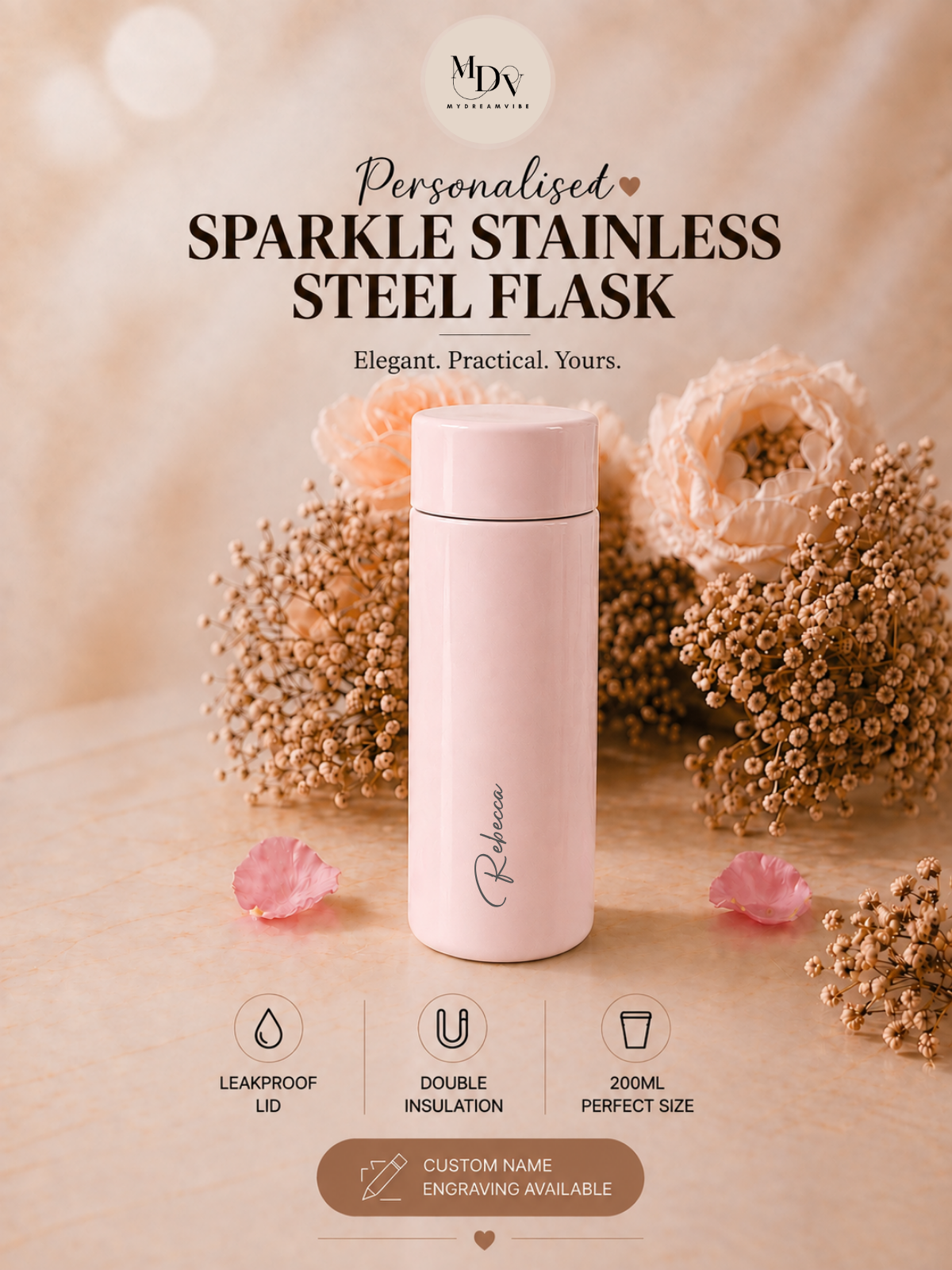 200ml Double Wall Stainless Steel Engraved Sparkle Flask — Pink