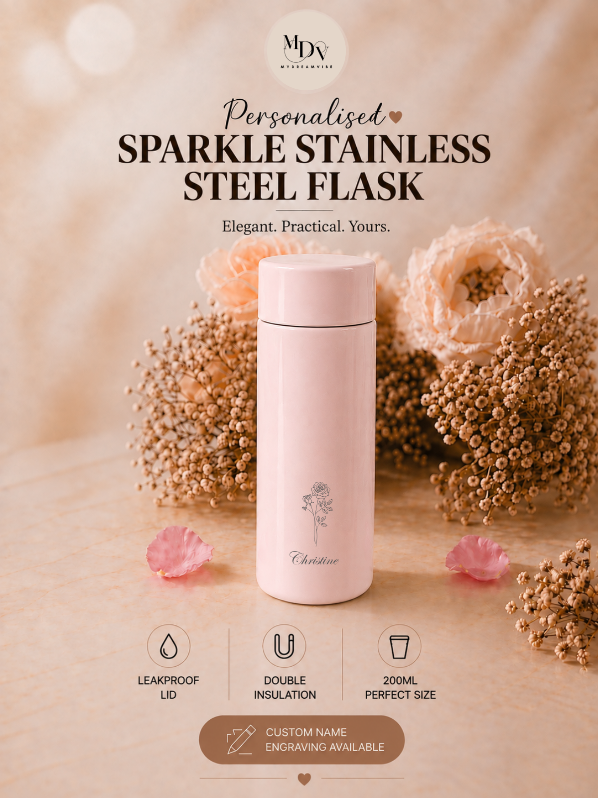200ml Double Wall Stainless Steel Engraved Sparkle Flask — Pink