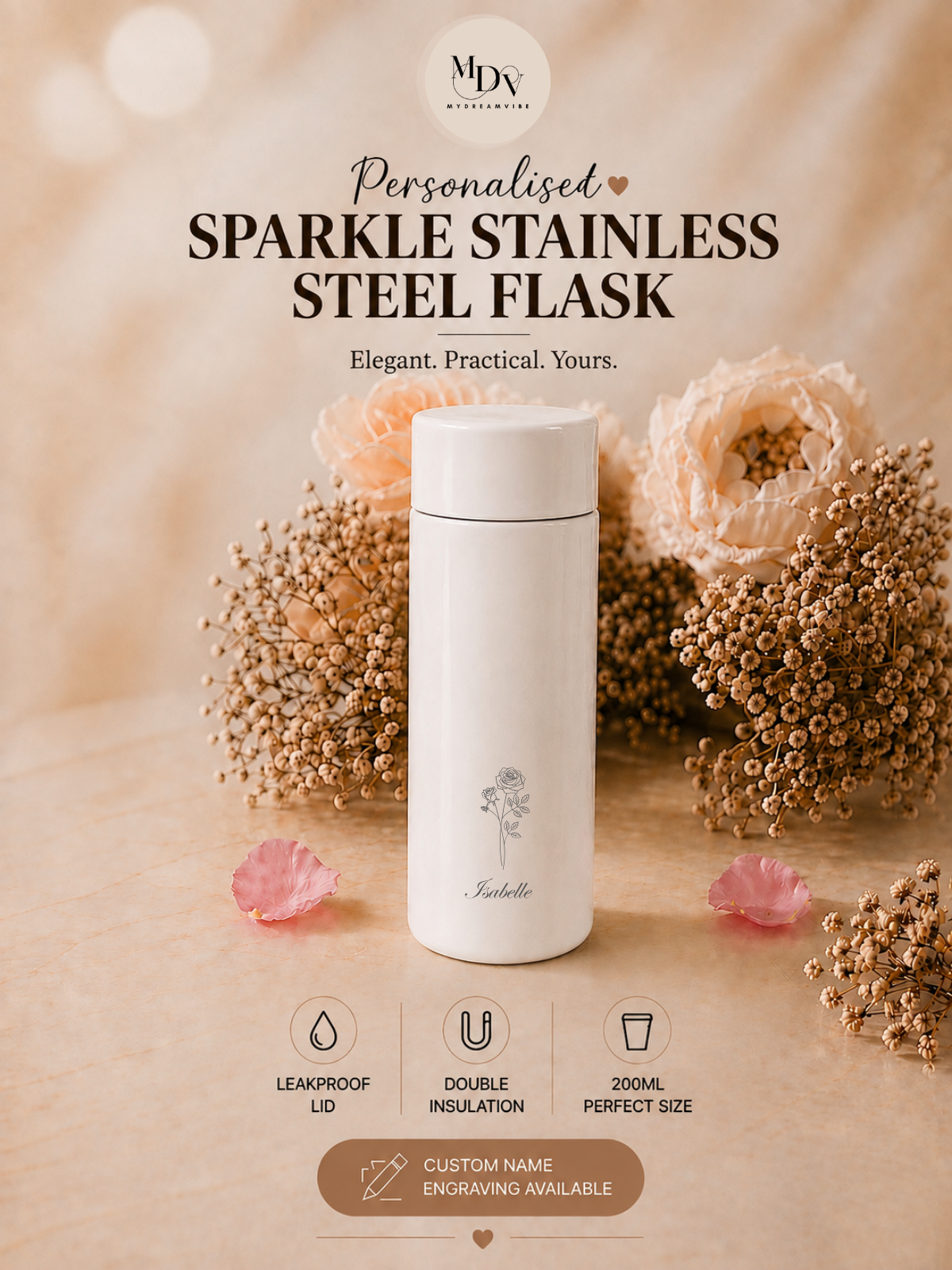 200ml Double Wall Stainless Steel Engraved Sparkle Flask — White